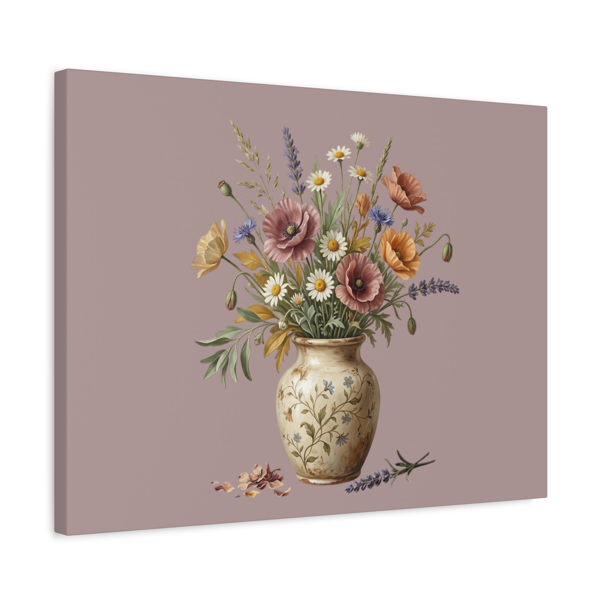 Botanical Vase Floral Canvas Print — Vintage Wildflower Wall Art