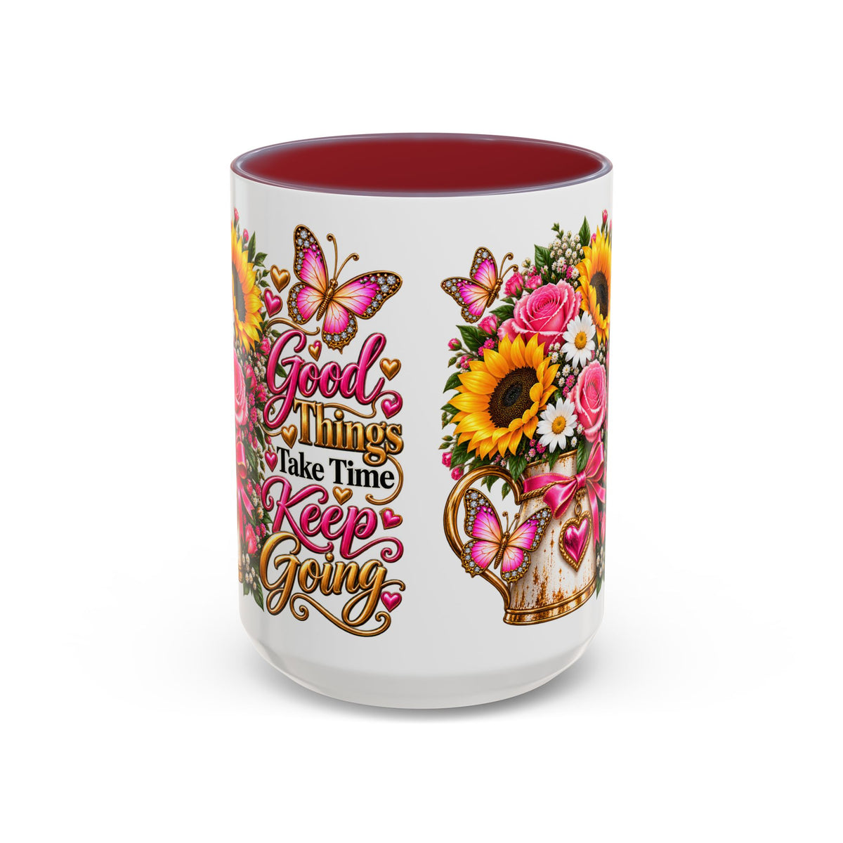 Inspiring Floral Coffee Mug — "Good Things Take Time, Keep Going"