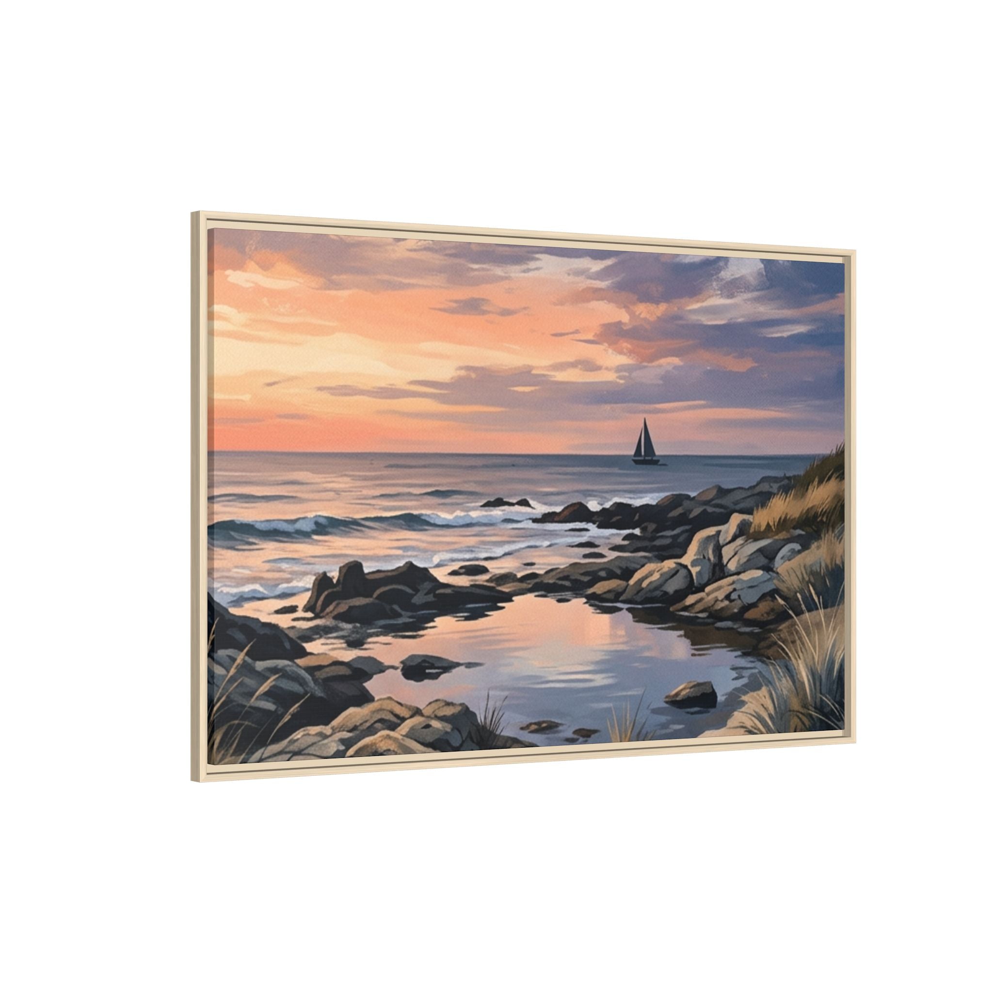Framed Seaside Sunset Matte Canvas Print – Sailboat Coastal Wall Art