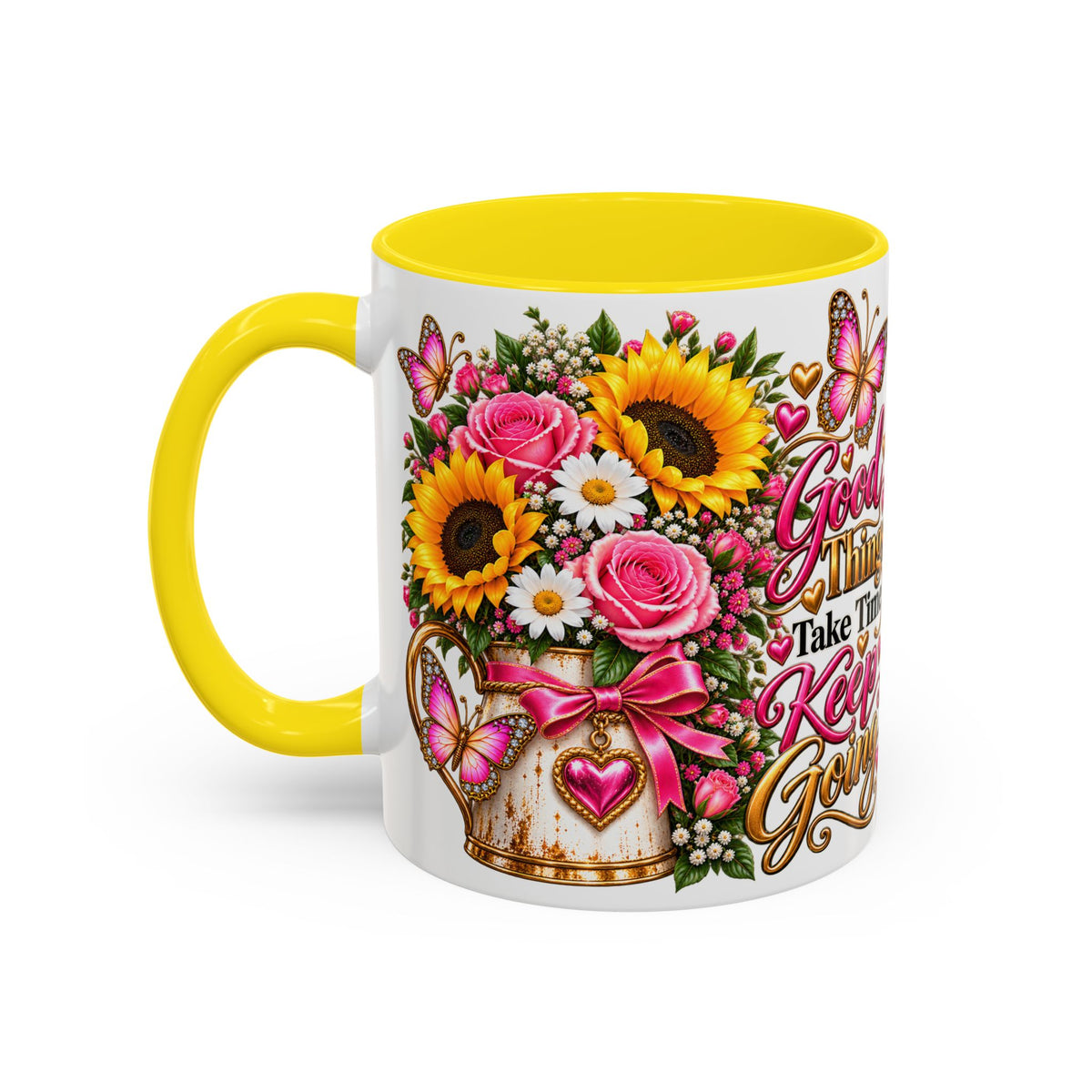 Inspiring Floral Coffee Mug — "Good Things Take Time, Keep Going"
