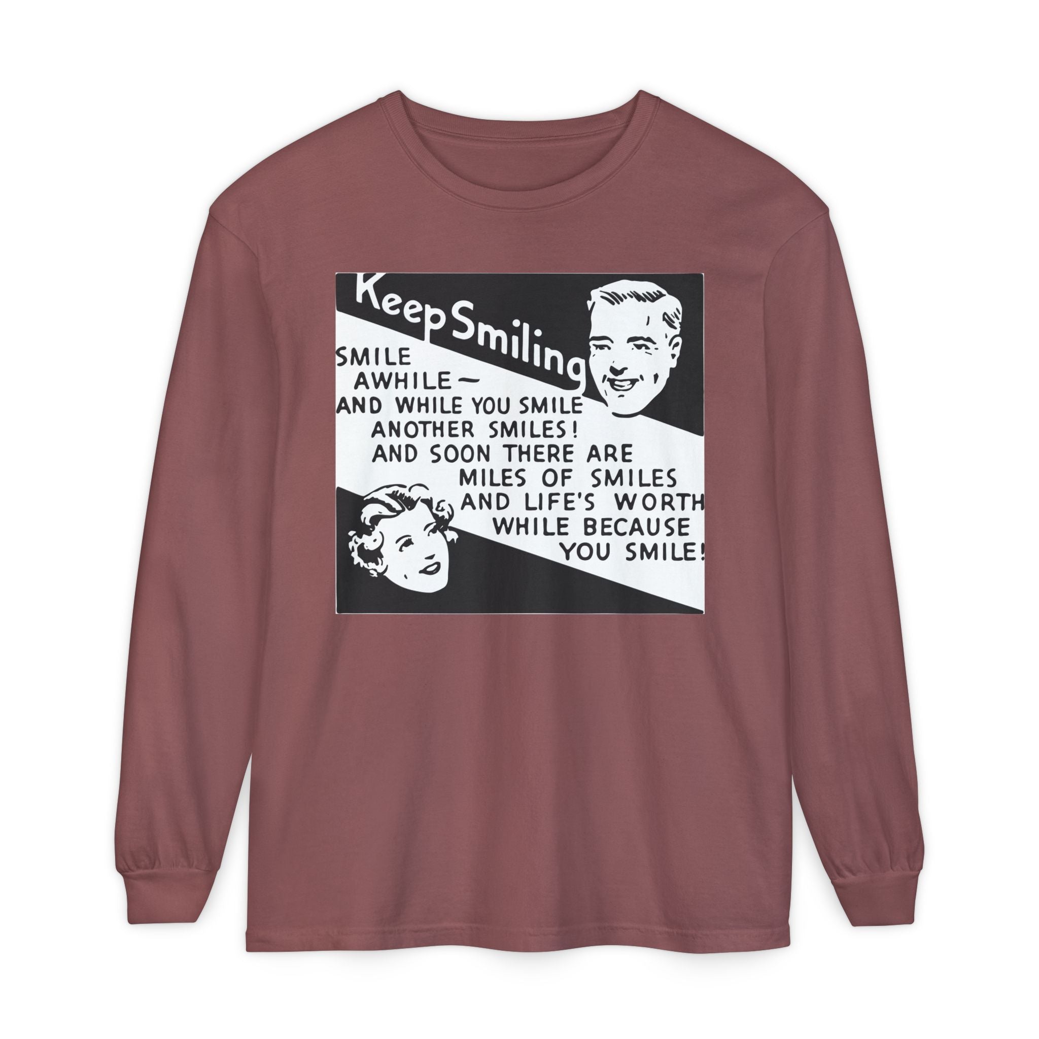 Keep Smiling Long Sleeve Tee — Retro Motivational Graphic Shirt