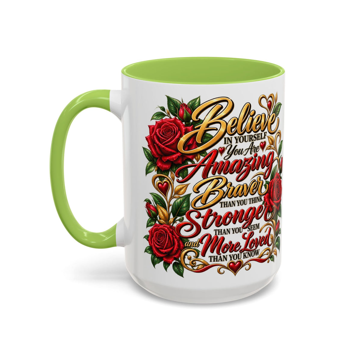 Inspirational Rose Coffee Mug — "Believe in Yourself" Motivational Tea Cup