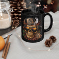 Skull Coffee Mug — "But First Coffee" Black Ceramic Mug (11oz/15oz)