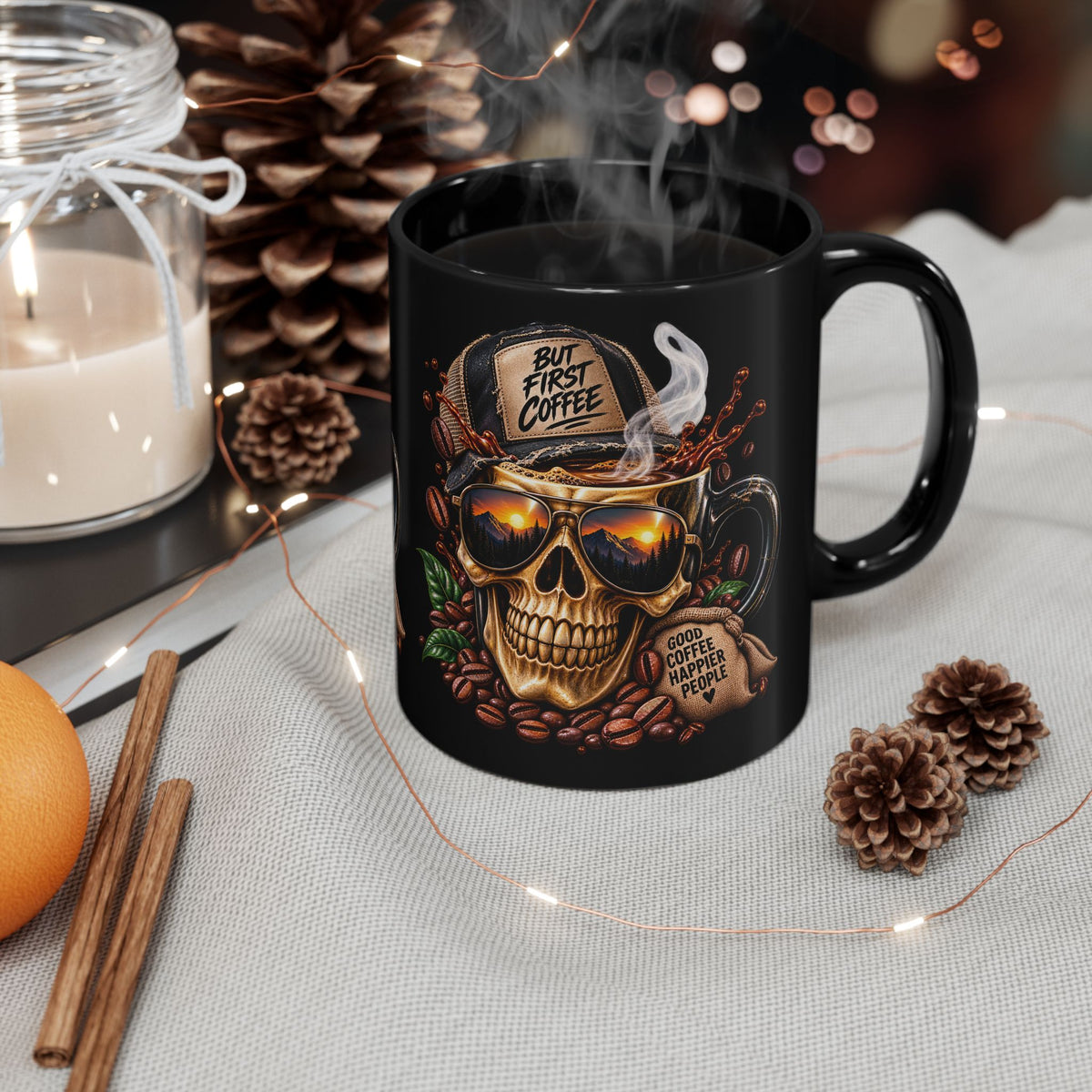 Skull Coffee Mug — "But First Coffee" Black Ceramic Mug (11oz/15oz)
