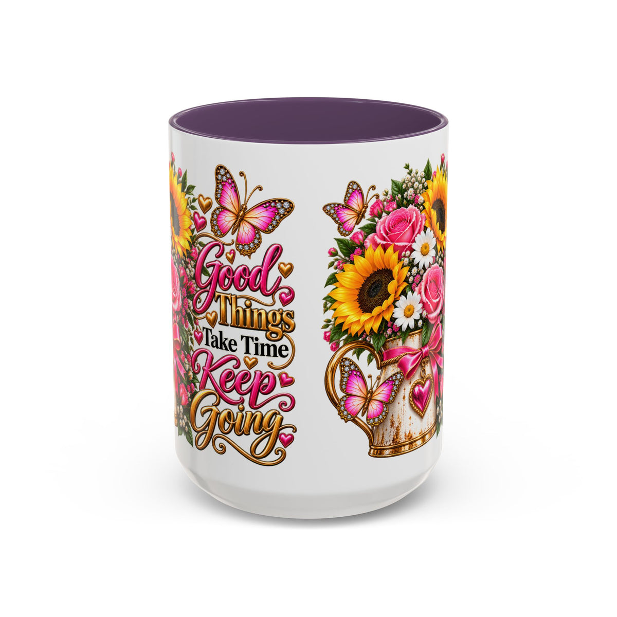 Inspiring Floral Coffee Mug — "Good Things Take Time, Keep Going"