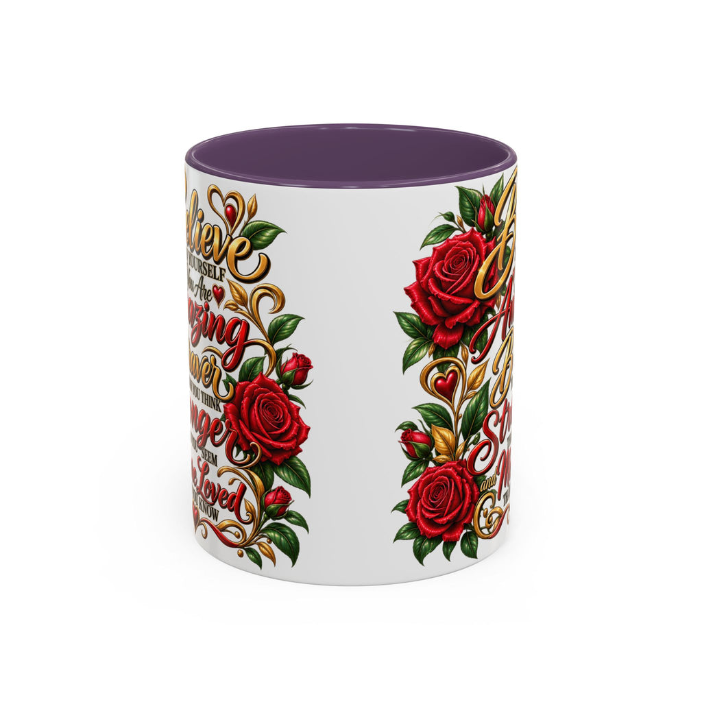 Inspirational Rose Coffee Mug — "Believe in Yourself" Motivational Tea Cup