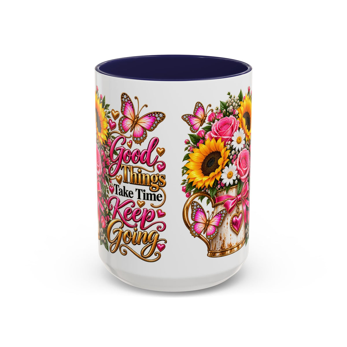 Inspiring Floral Coffee Mug — "Good Things Take Time, Keep Going"
