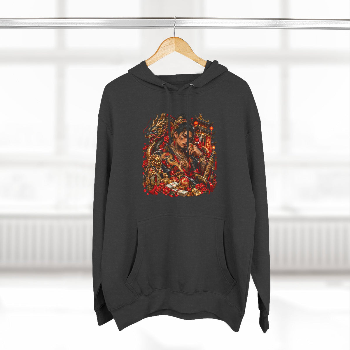 Dragon Battle Hoodie — Three-Panel Fleece Hooded Sweatshirt with Fiery Fantasy Artwork