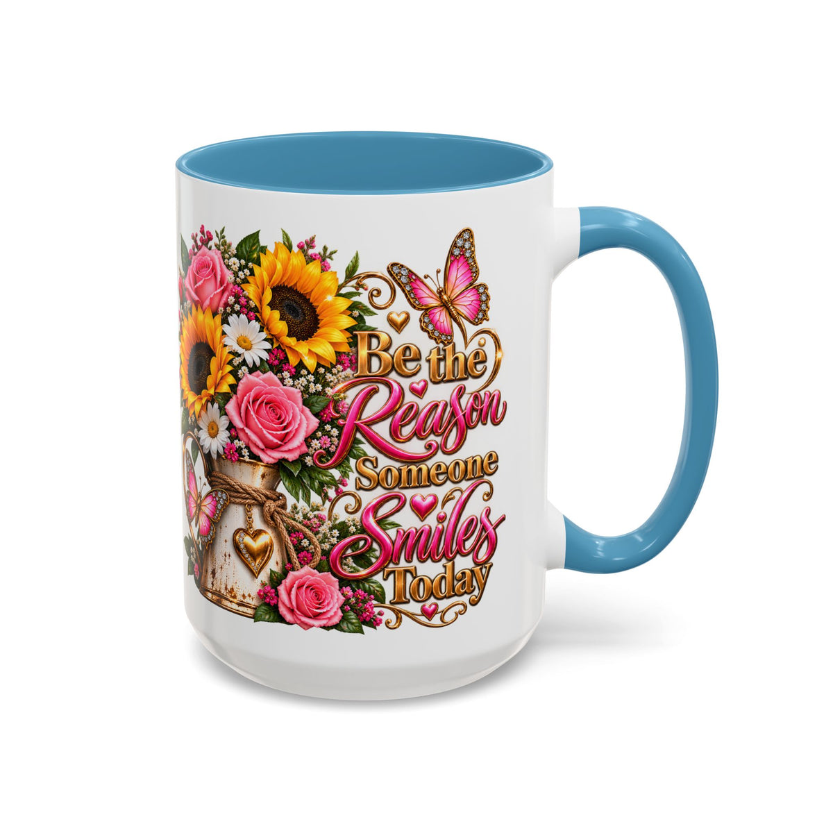 Be the Reason Someone Smiles Today Accent Coffee Mug – Floral Sunflower & Rose Inspirational 11/15oz