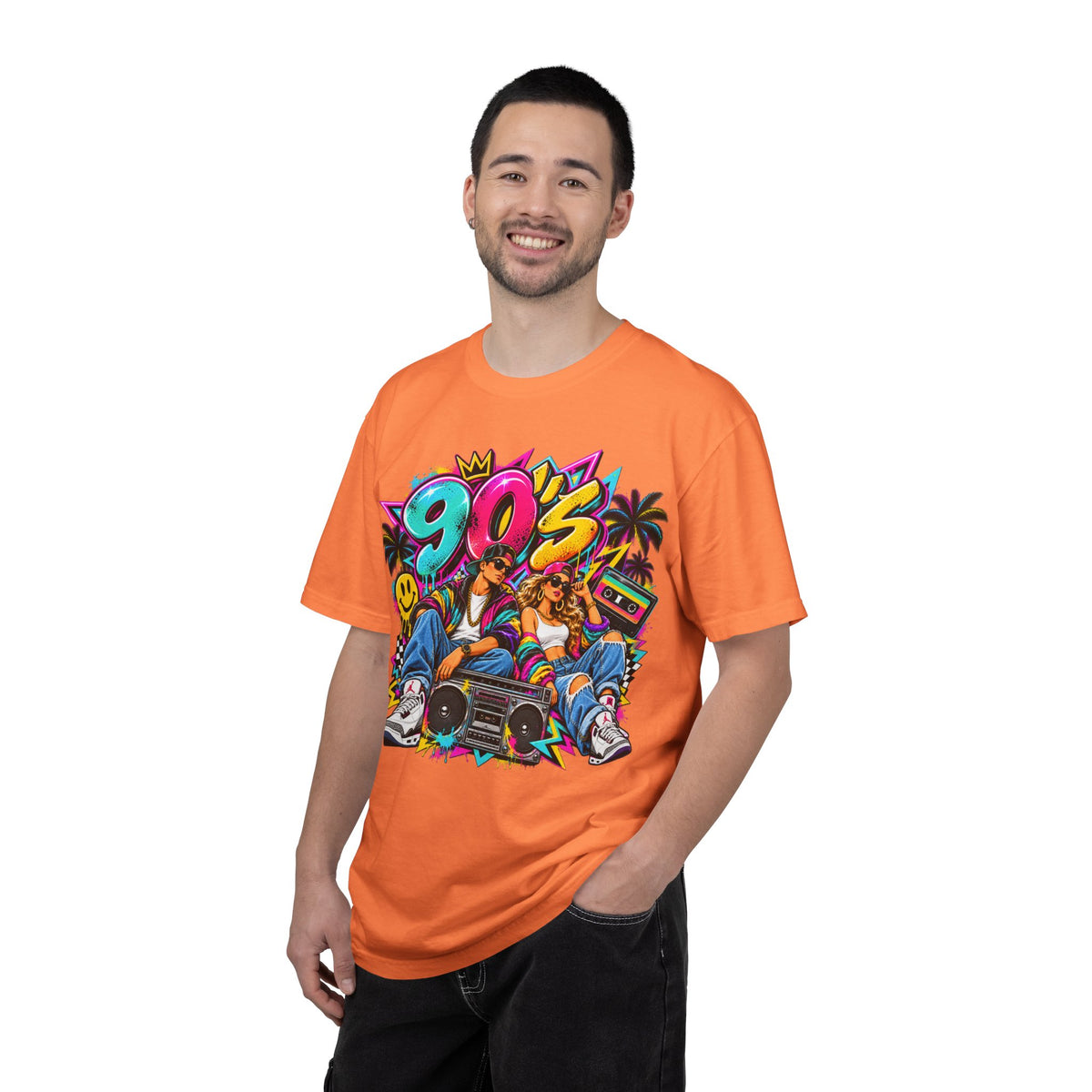 90s Retro Streetwear T-Shirt — Vintage Boombox & Neon Graffiti Design