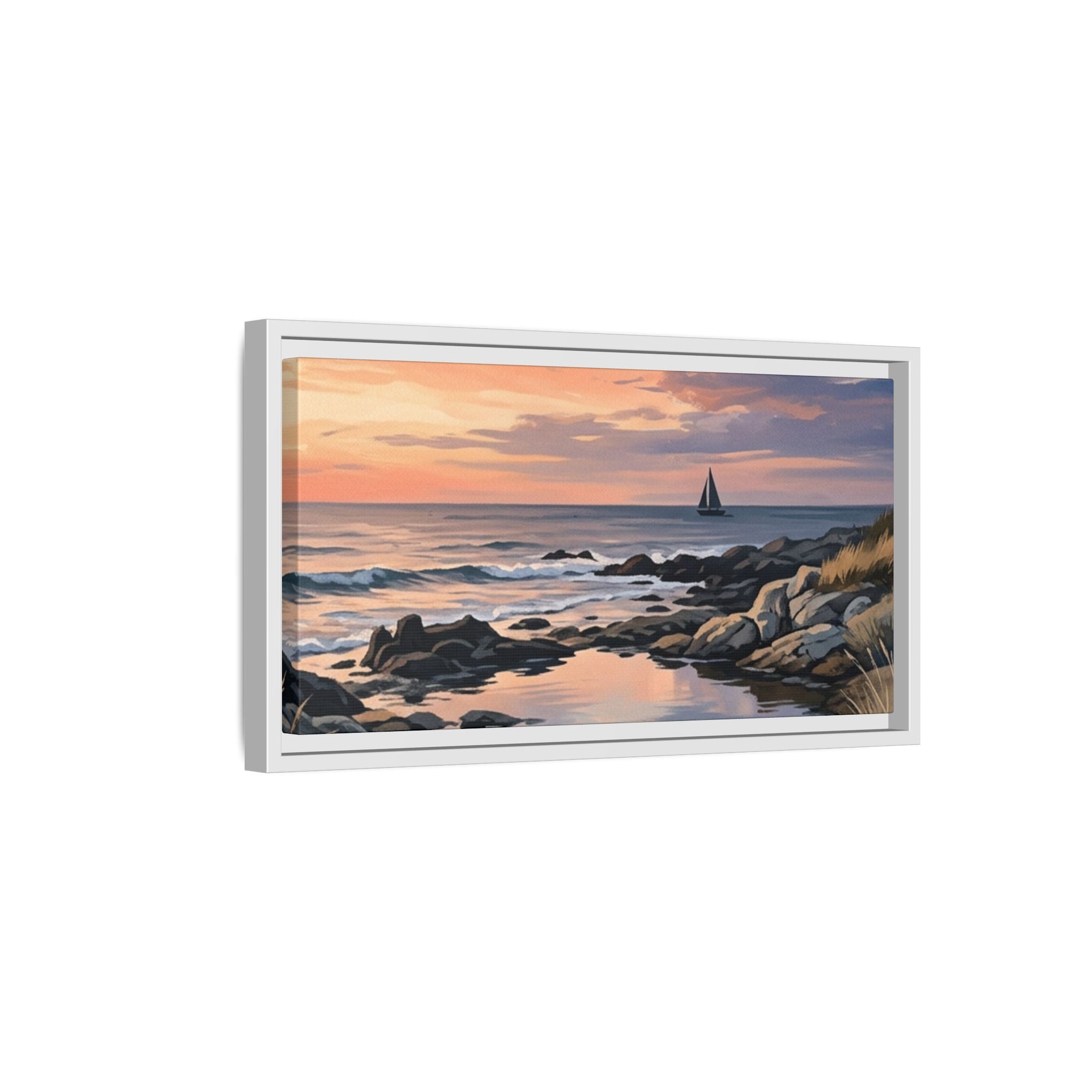 Framed Seaside Sunset Matte Canvas Print – Sailboat Coastal Wall Art