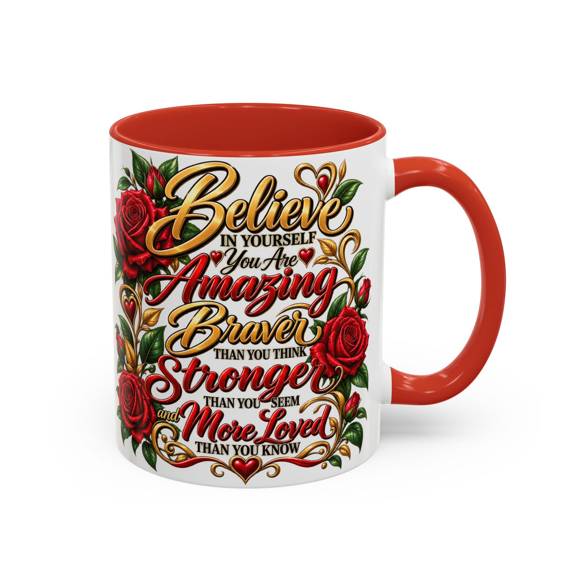 Inspirational Rose Coffee Mug — "Believe in Yourself" Motivational Tea Cup