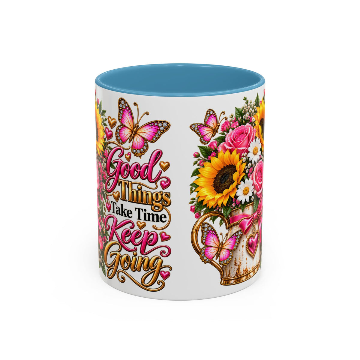 Inspiring Floral Coffee Mug — "Good Things Take Time, Keep Going"