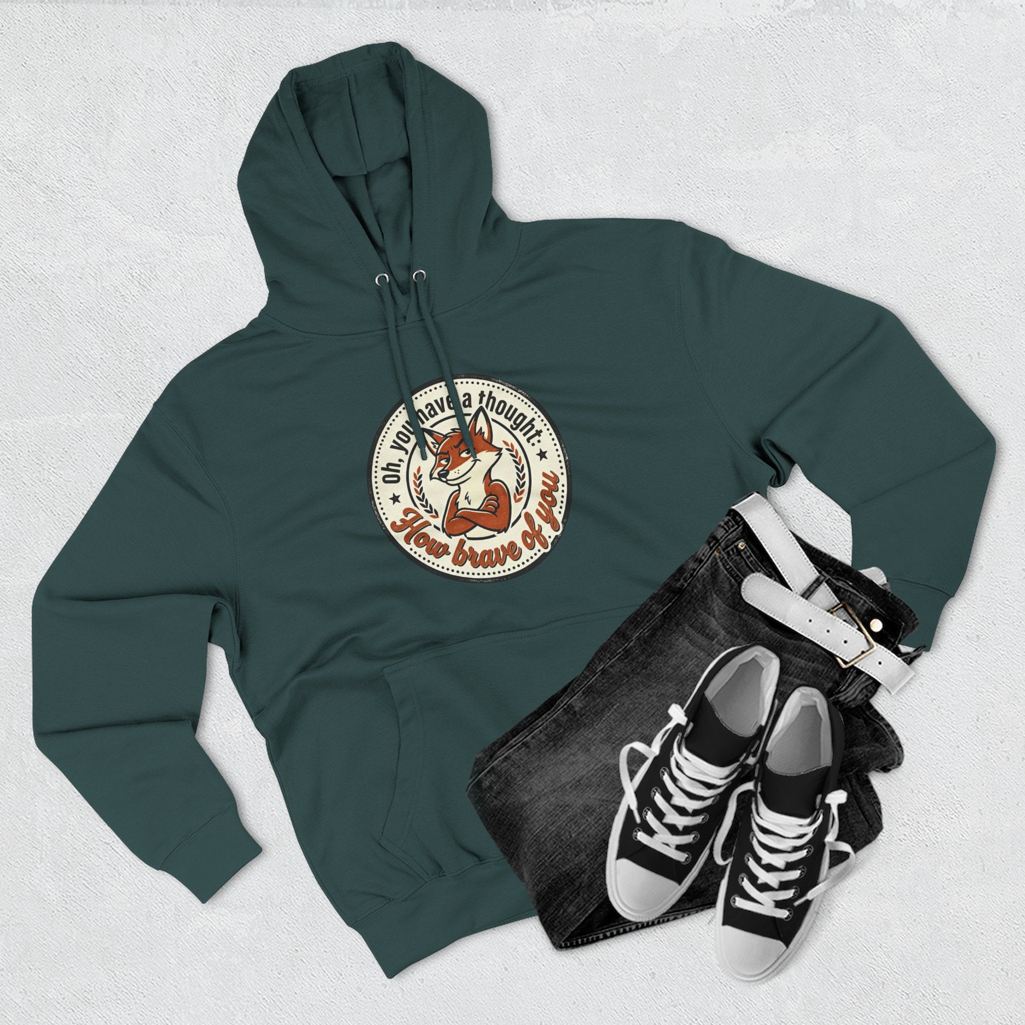 Fox Badge Hoodie — "Be Brave & Kind" Retro Emblem Fleece Hoodie