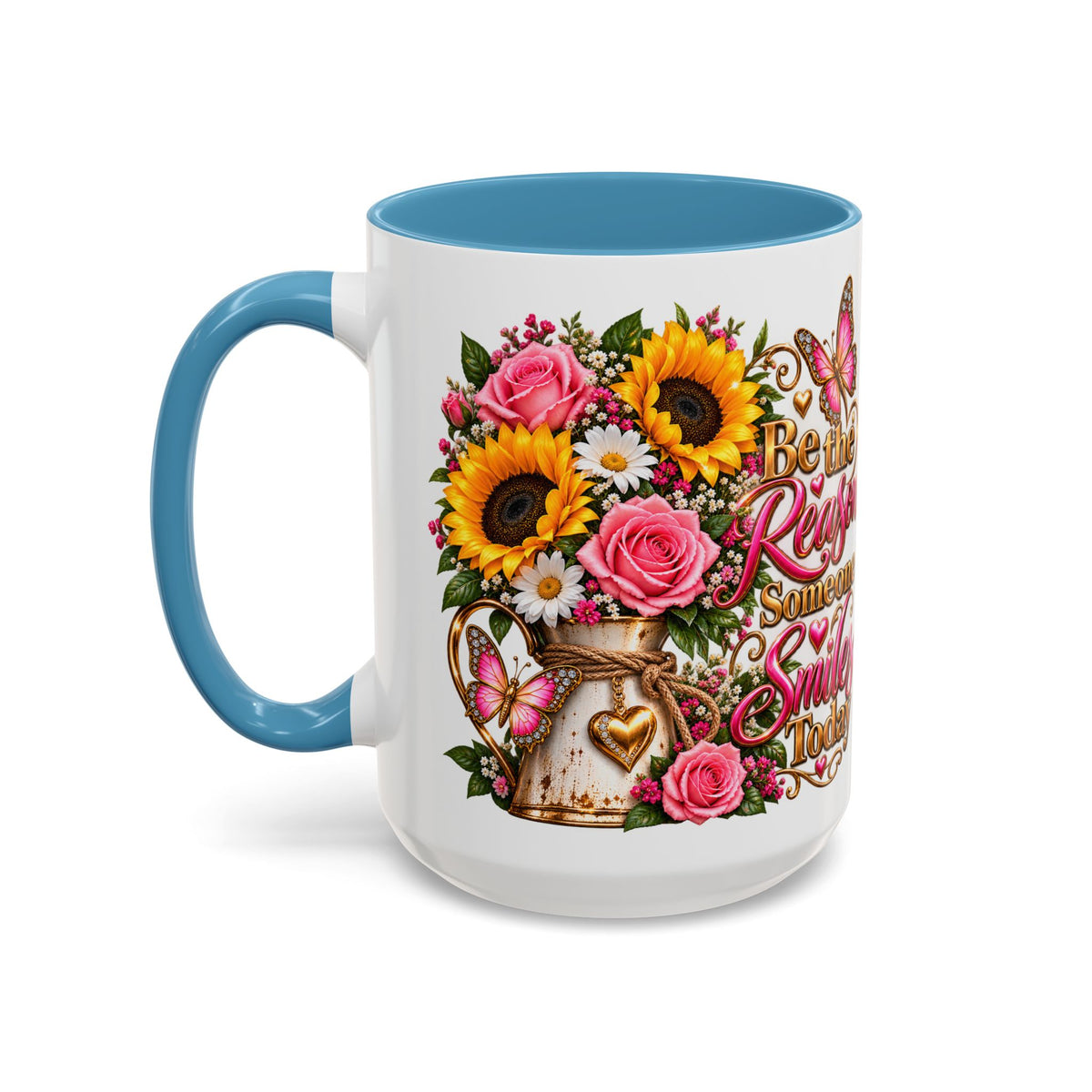 Be the Reason Someone Smiles Today Accent Coffee Mug – Floral Sunflower & Rose Inspirational 11/15oz