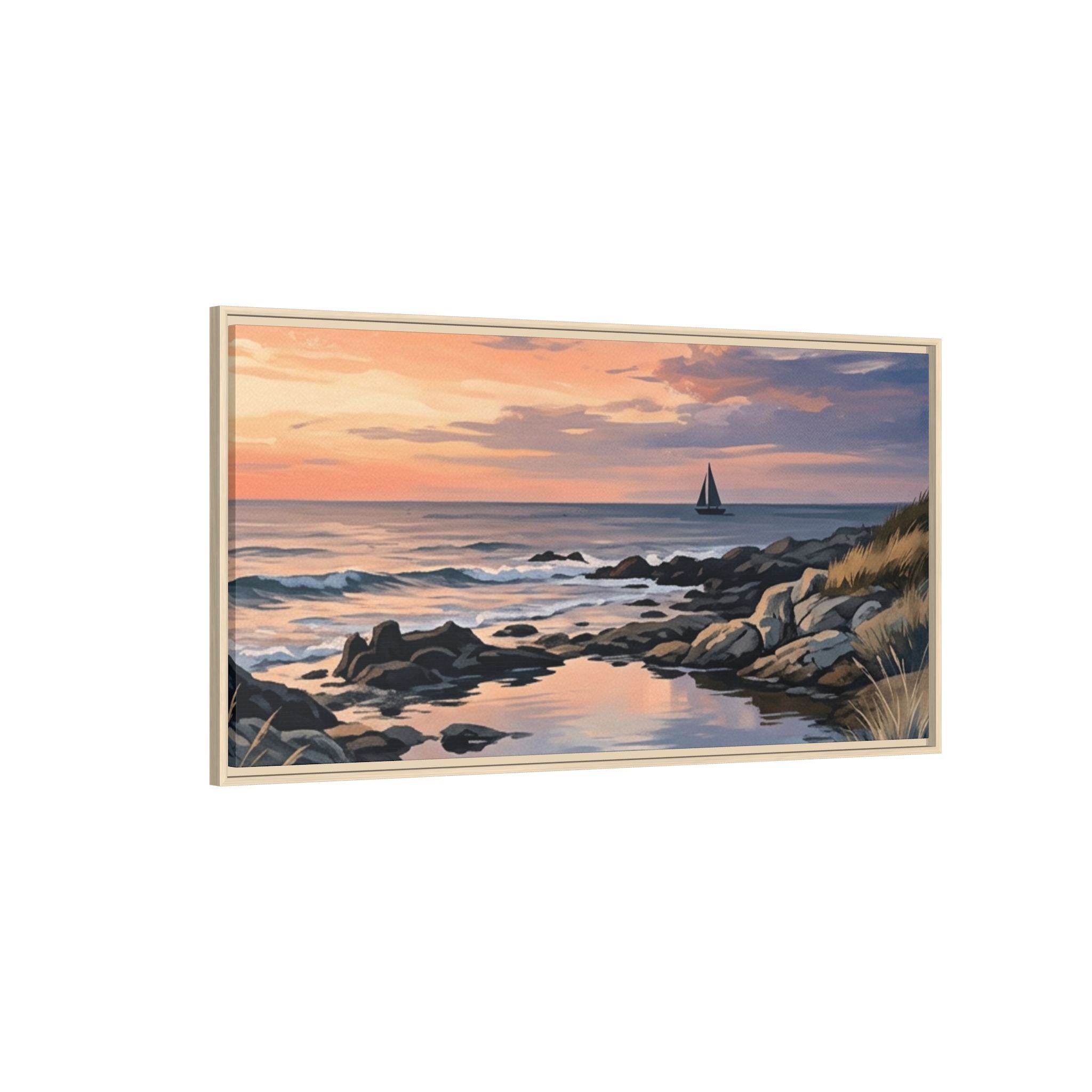 Framed Seaside Sunset Matte Canvas Print – Sailboat Coastal Wall Art