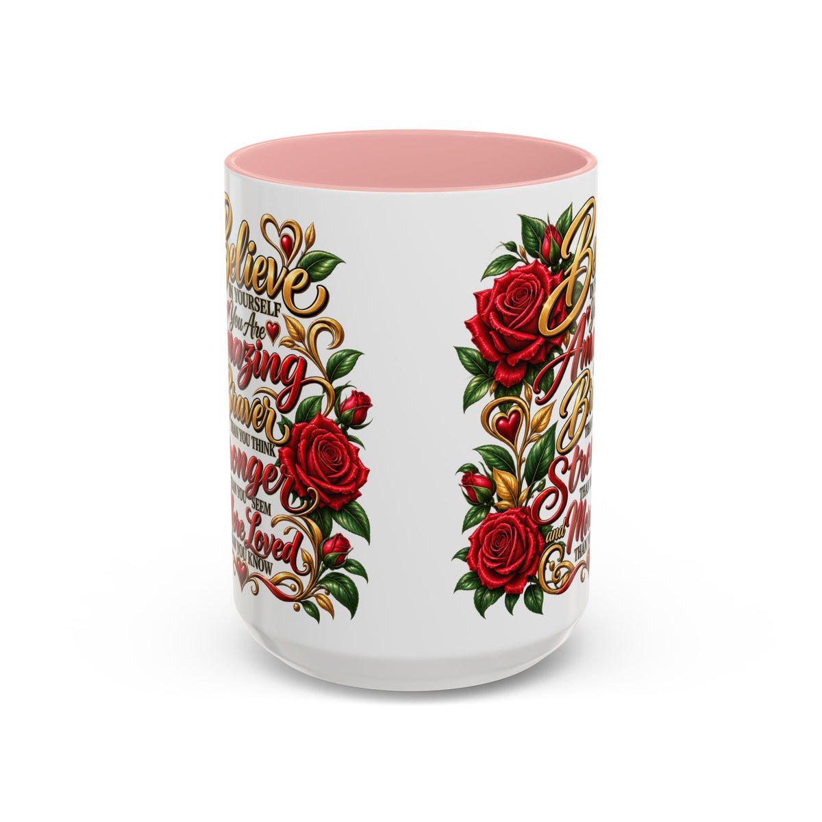 Inspirational Rose Coffee Mug — "Believe in Yourself" Motivational Tea Cup