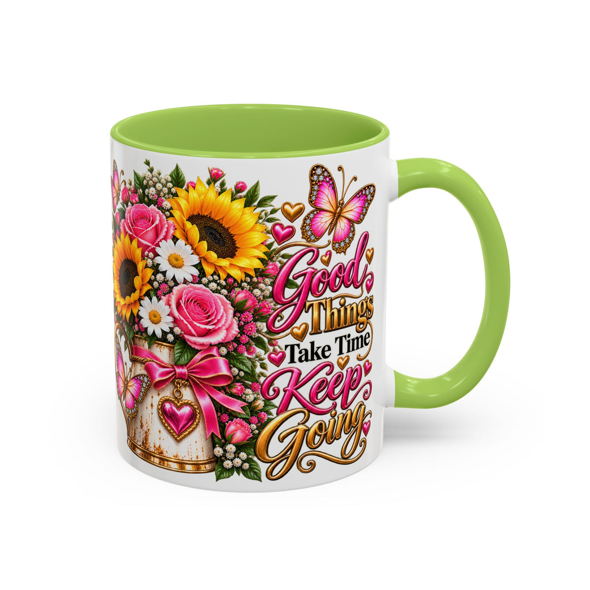 Inspiring Floral Coffee Mug — "Good Things Take Time, Keep Going"