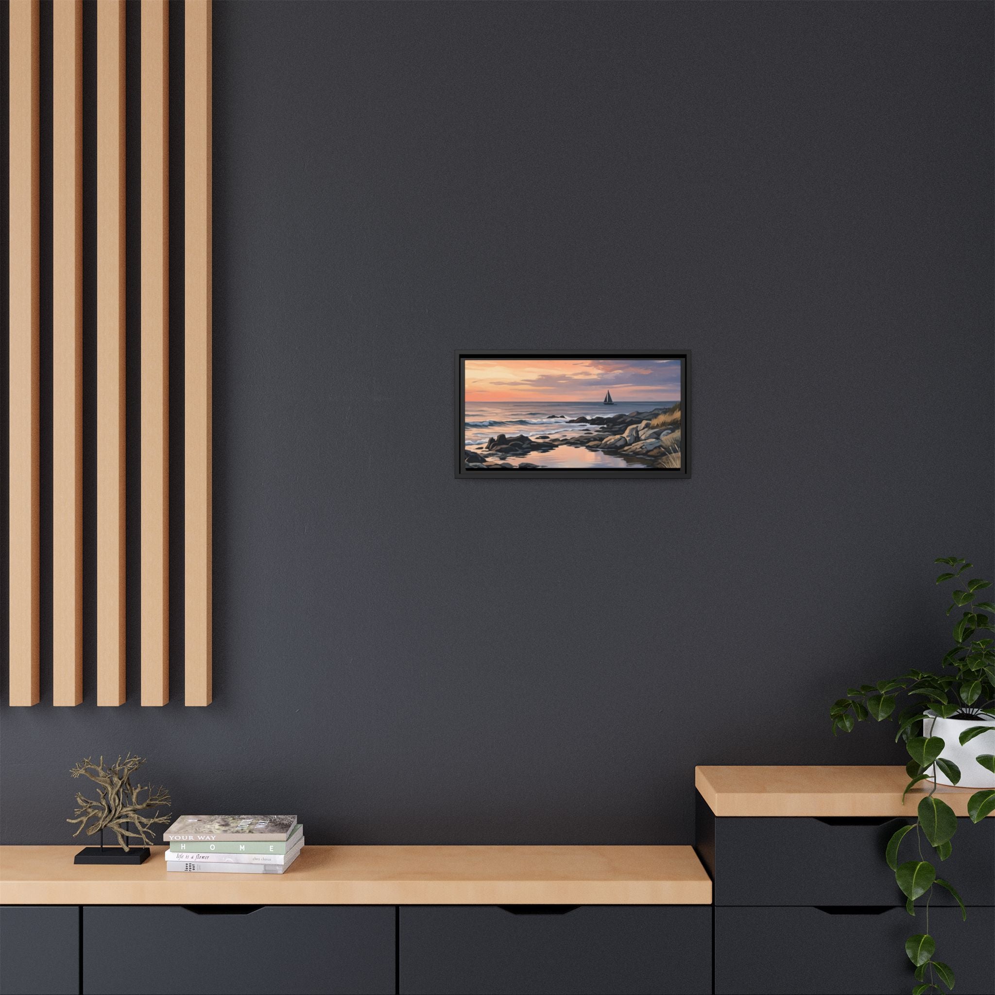 Framed Seaside Sunset Matte Canvas Print – Sailboat Coastal Wall Art