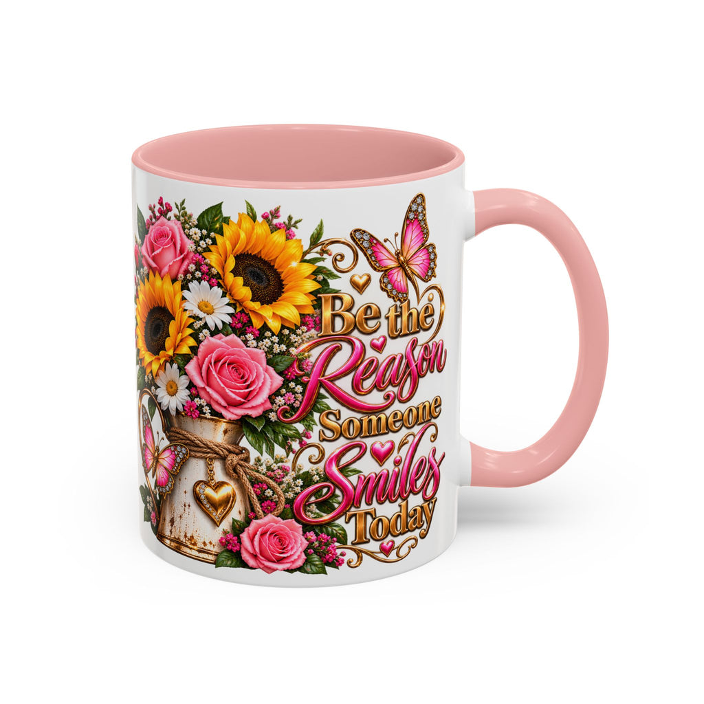 Be the Reason Someone Smiles Today Accent Coffee Mug – Floral Sunflower & Rose Inspirational 11/15oz