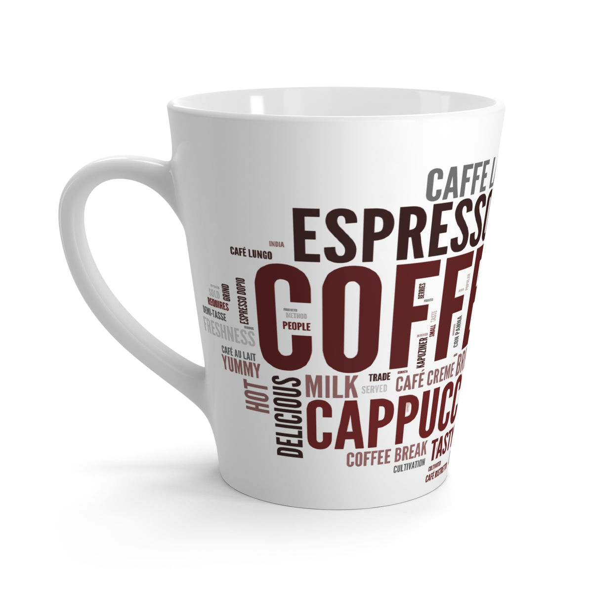 Coffee Word Cloud Latte Mug – Espresso, Cappuccino & Macchiato Design