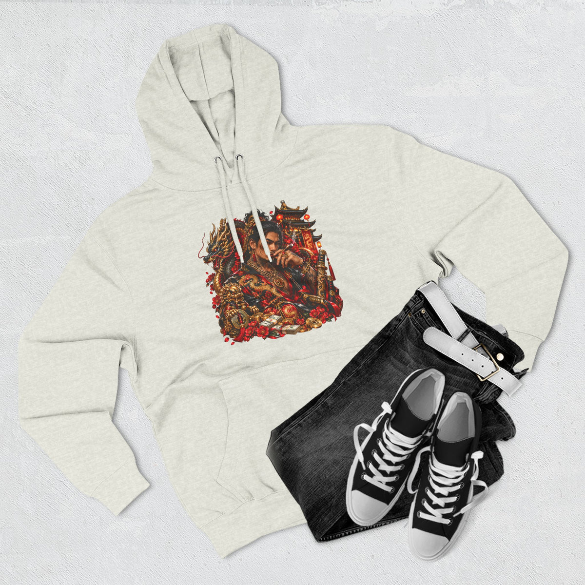 Dragon Battle Hoodie — Three-Panel Fleece Hooded Sweatshirt with Fiery Fantasy Artwork