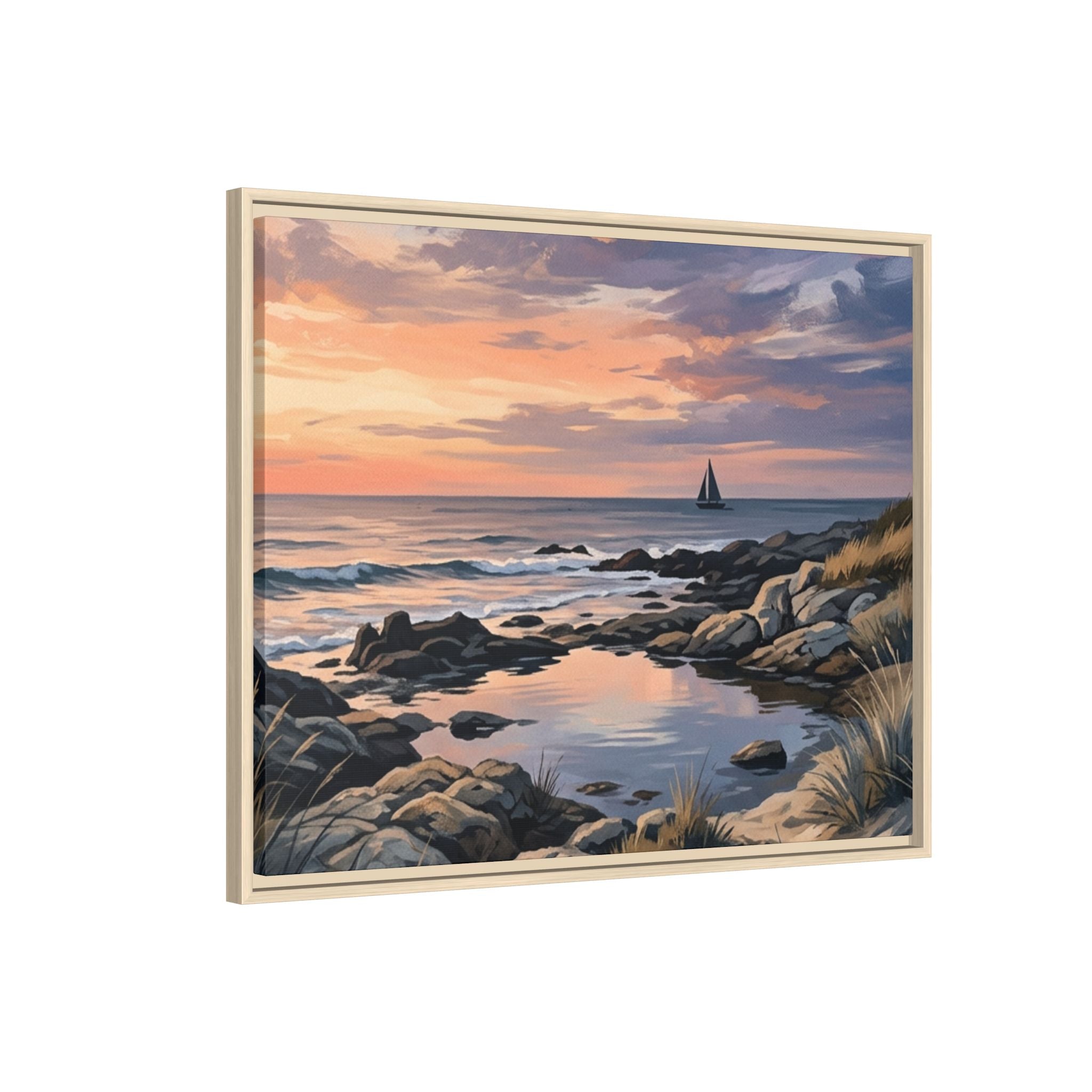 Framed Seaside Sunset Matte Canvas Print – Sailboat Coastal Wall Art