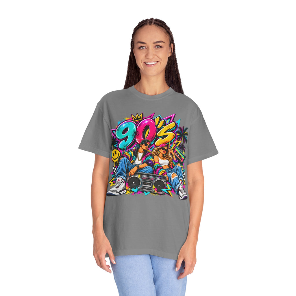 90s Retro Streetwear T-Shirt — Vintage Boombox & Neon Graffiti Design