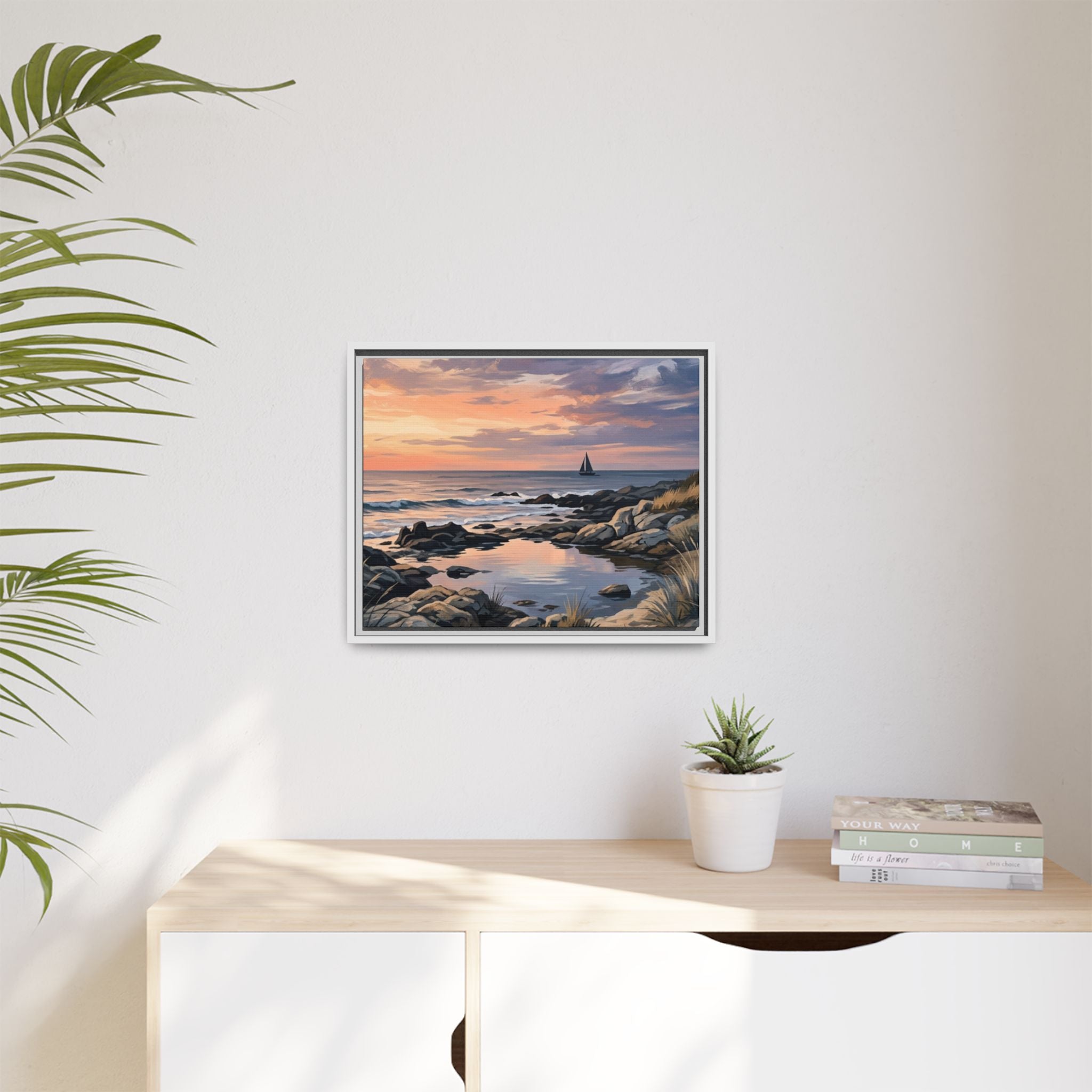 Framed Seaside Sunset Matte Canvas Print – Sailboat Coastal Wall Art