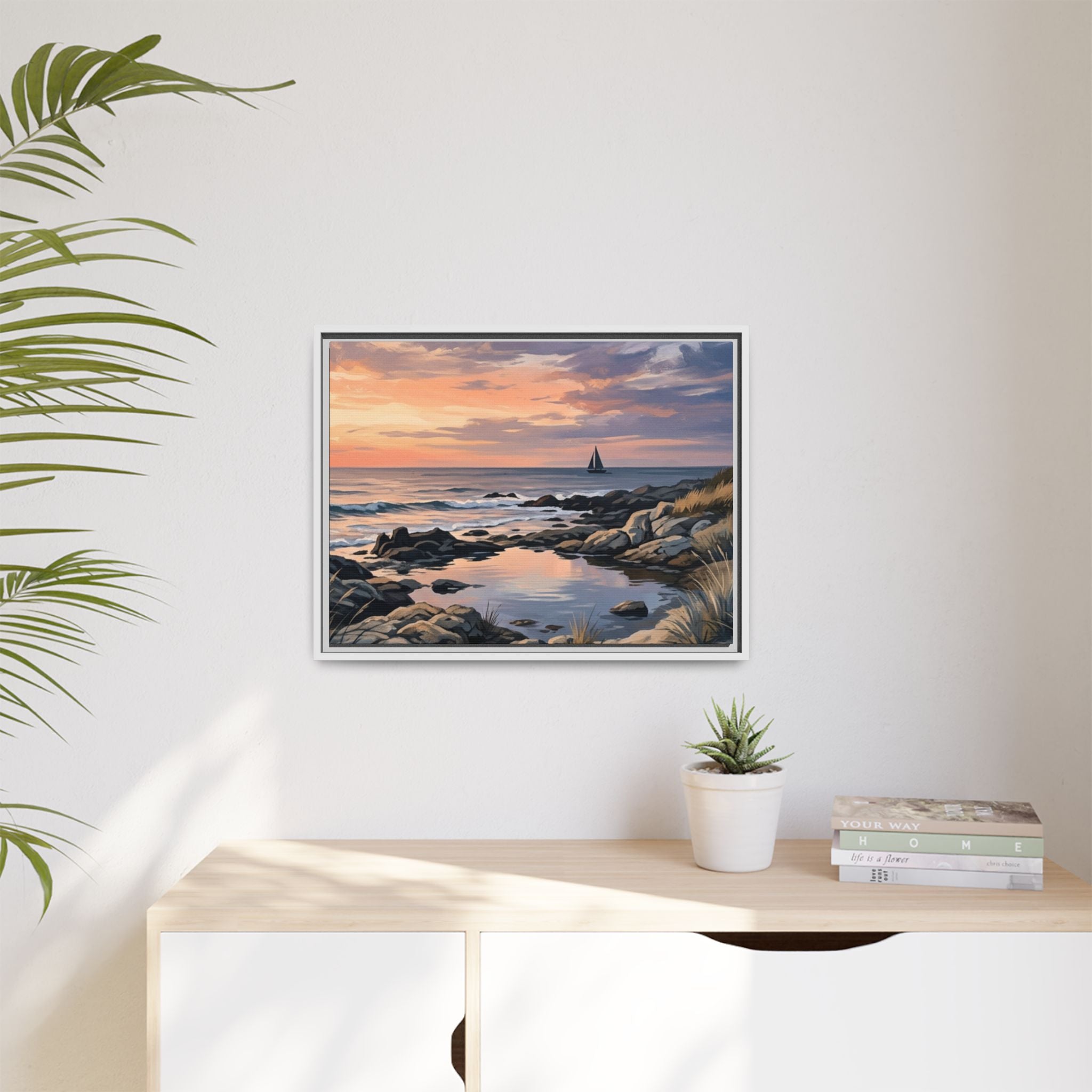 Framed Seaside Sunset Matte Canvas Print – Sailboat Coastal Wall Art