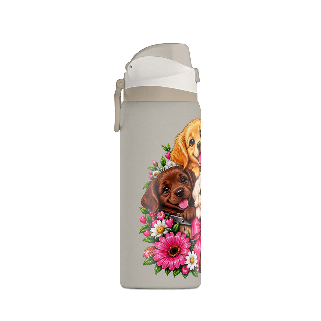 32oz Insulated Water Bottle with Adorable Dogs and Flowers