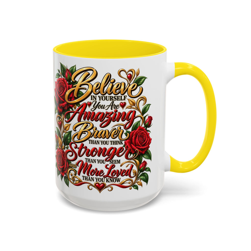 Inspirational Rose Coffee Mug — "Believe in Yourself" Motivational Tea Cup