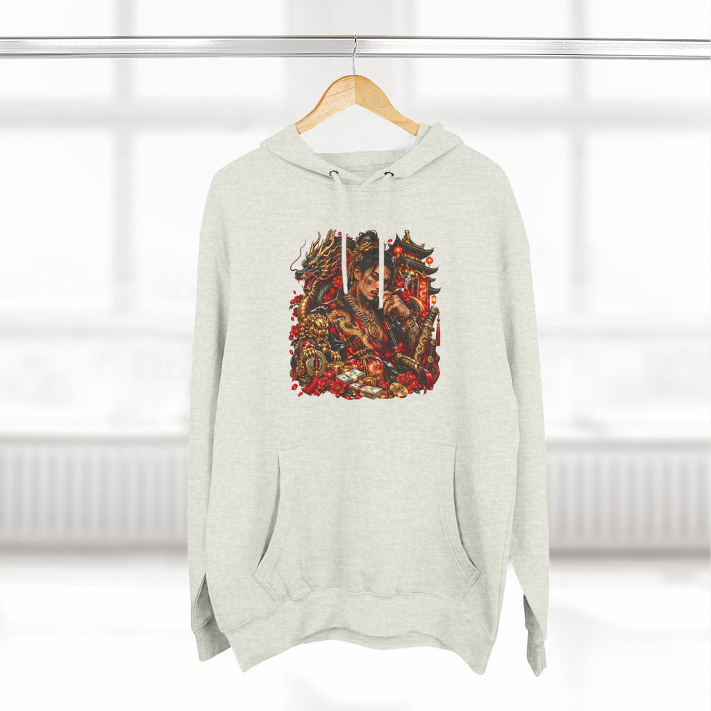 Dragon Battle Hoodie — Three-Panel Fleece Hooded Sweatshirt with Fiery Fantasy Artwork