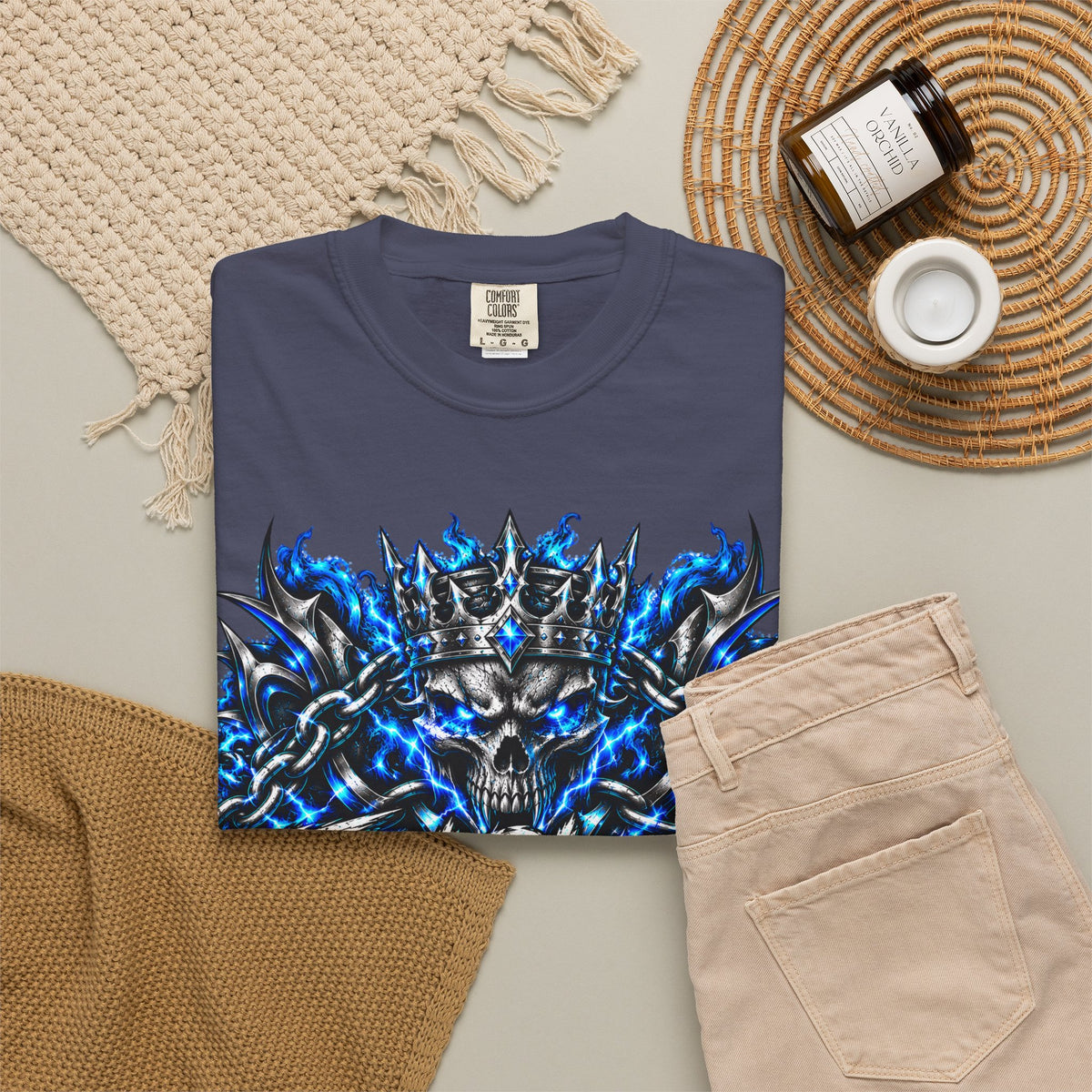 Skull Throne Graphic T-Shirt — Blue Lightning Heavy Metal Tee