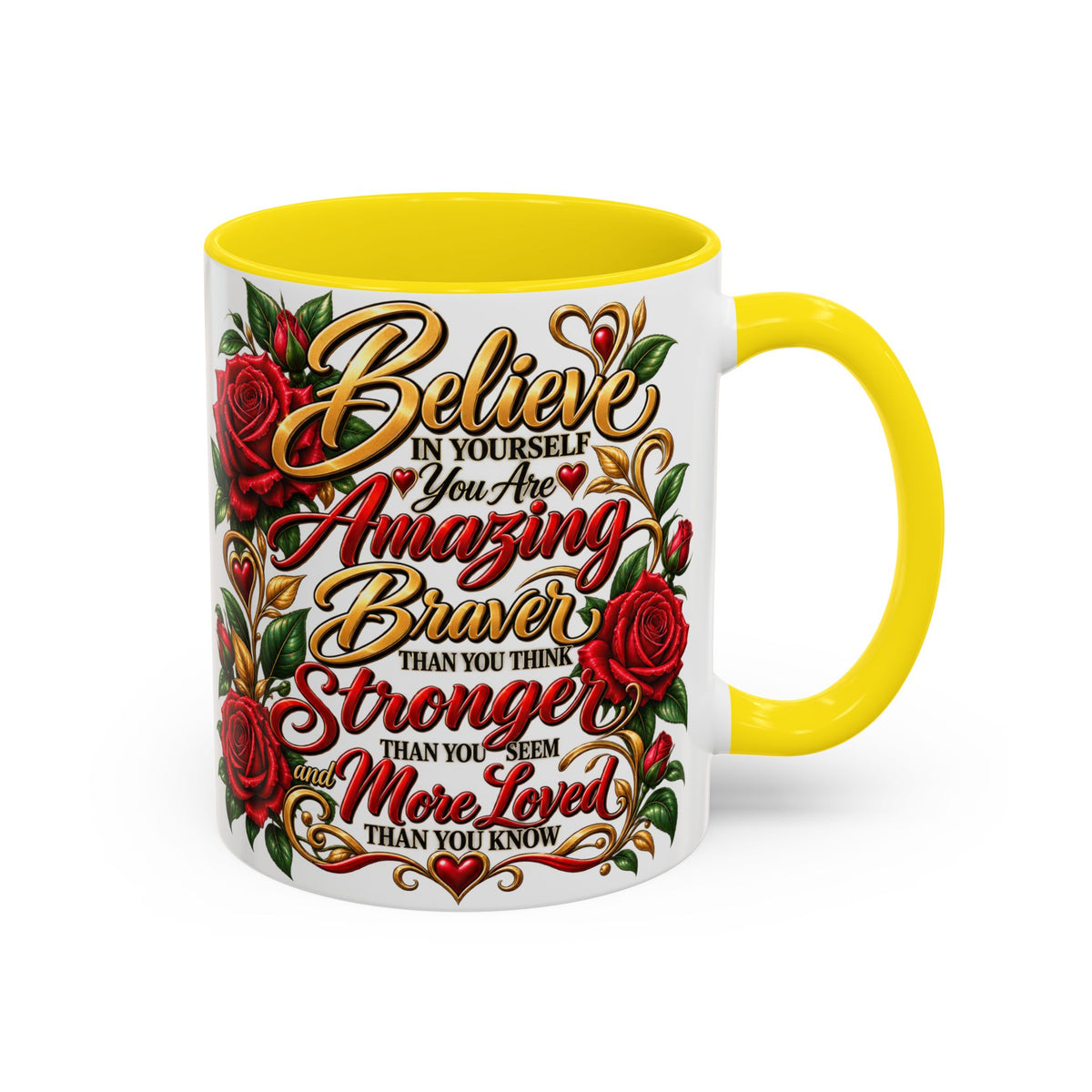 Inspirational Rose Coffee Mug — "Believe in Yourself" Motivational Tea Cup