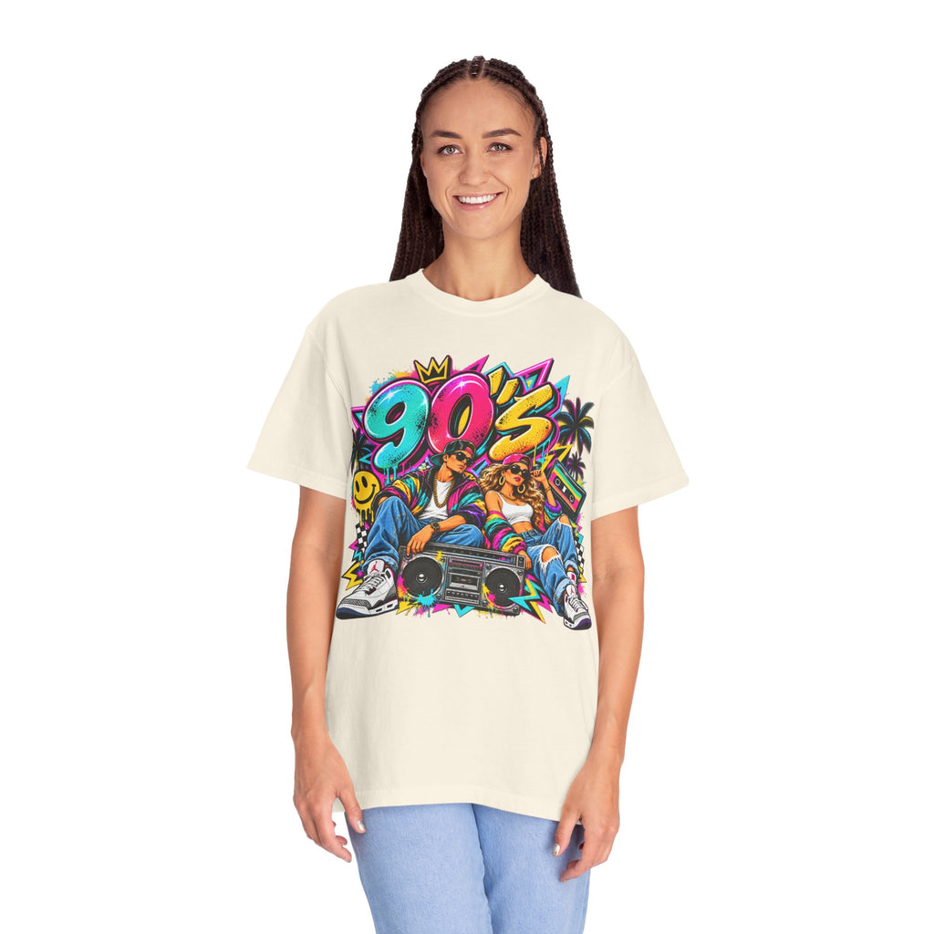 90s Retro Streetwear T-Shirt — Vintage Boombox & Neon Graffiti Design