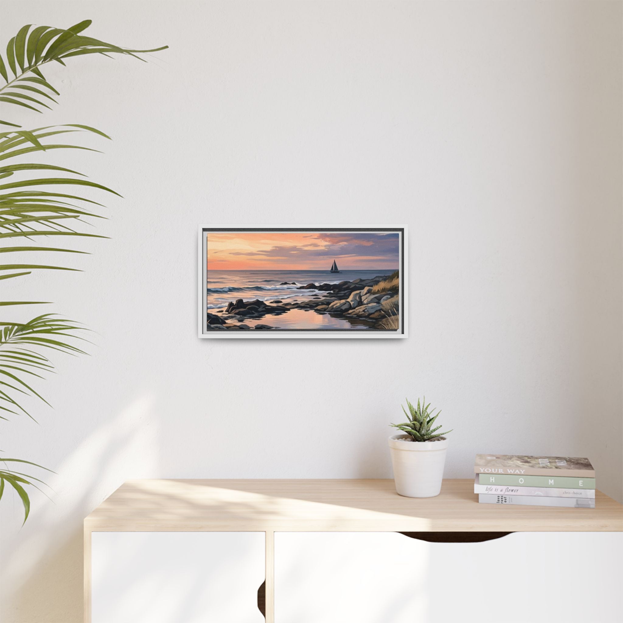 Framed Seaside Sunset Matte Canvas Print – Sailboat Coastal Wall Art