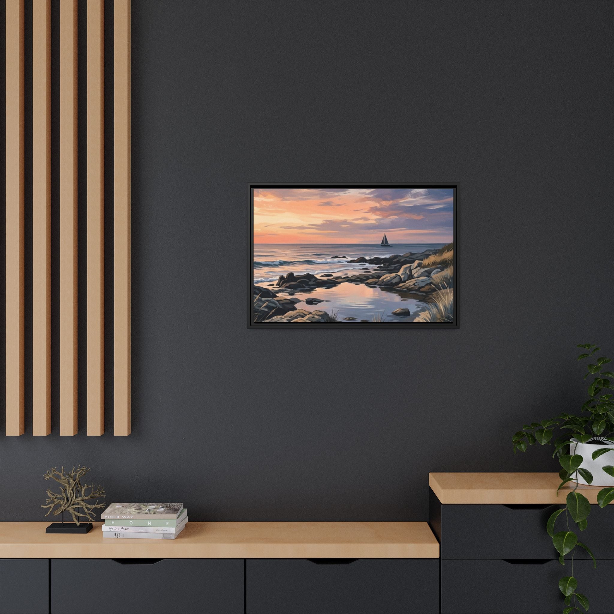 Framed Seaside Sunset Matte Canvas Print – Sailboat Coastal Wall Art