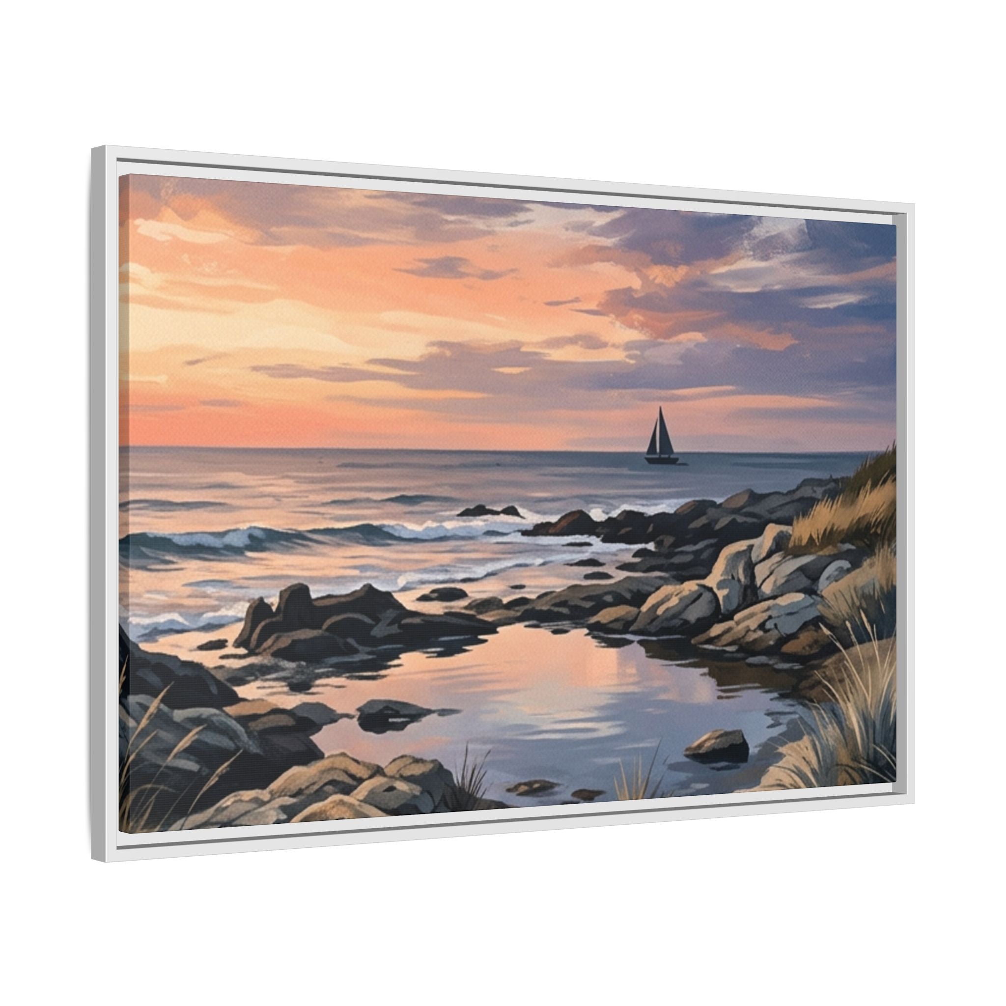 Framed Seaside Sunset Matte Canvas Print – Sailboat Coastal Wall Art