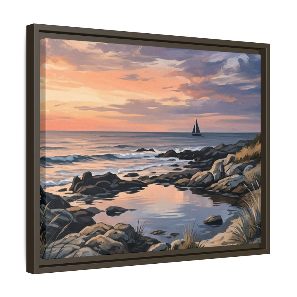 Framed Seaside Sunset Matte Canvas Print – Sailboat Coastal Wall Art