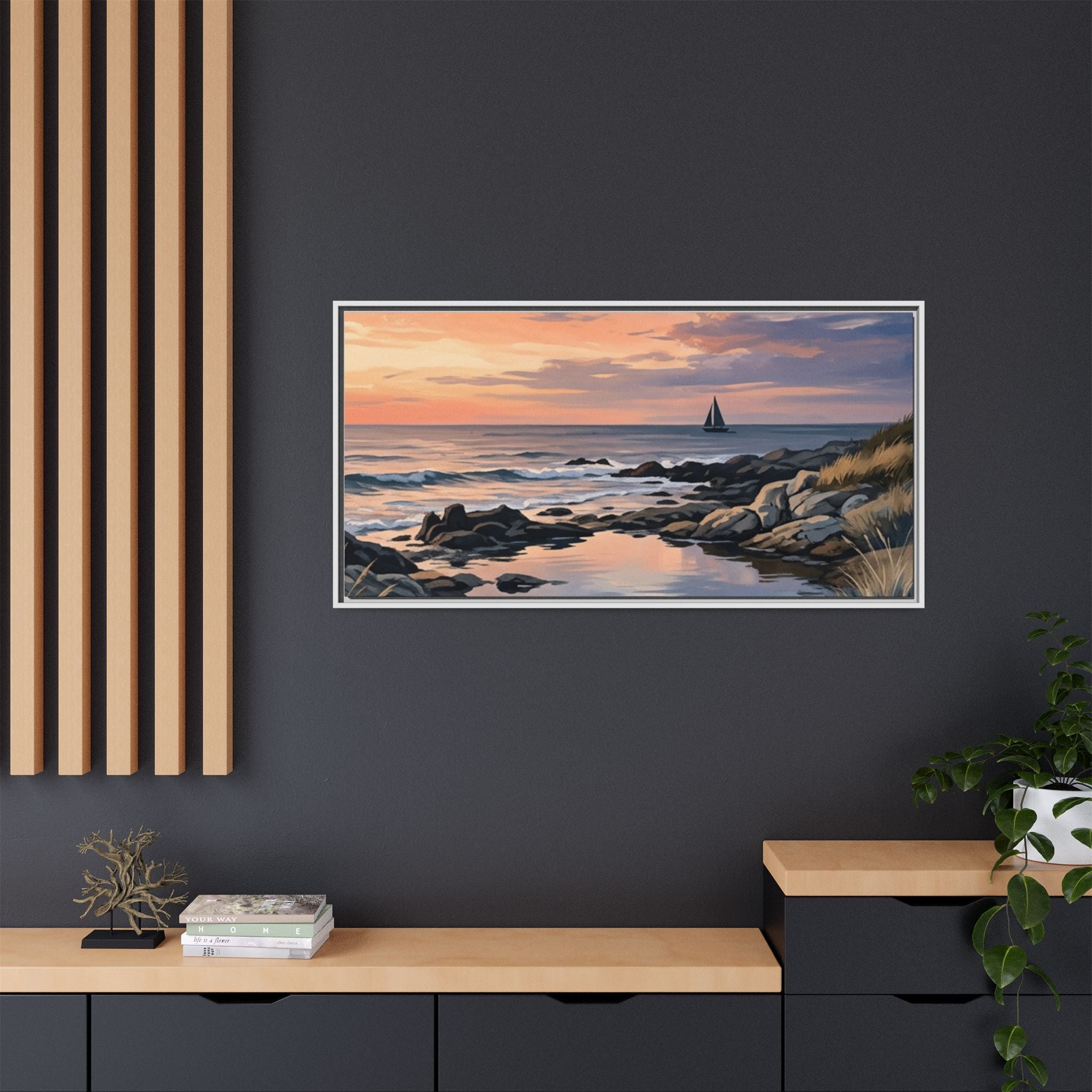 Framed Seaside Sunset Matte Canvas Print – Sailboat Coastal Wall Art