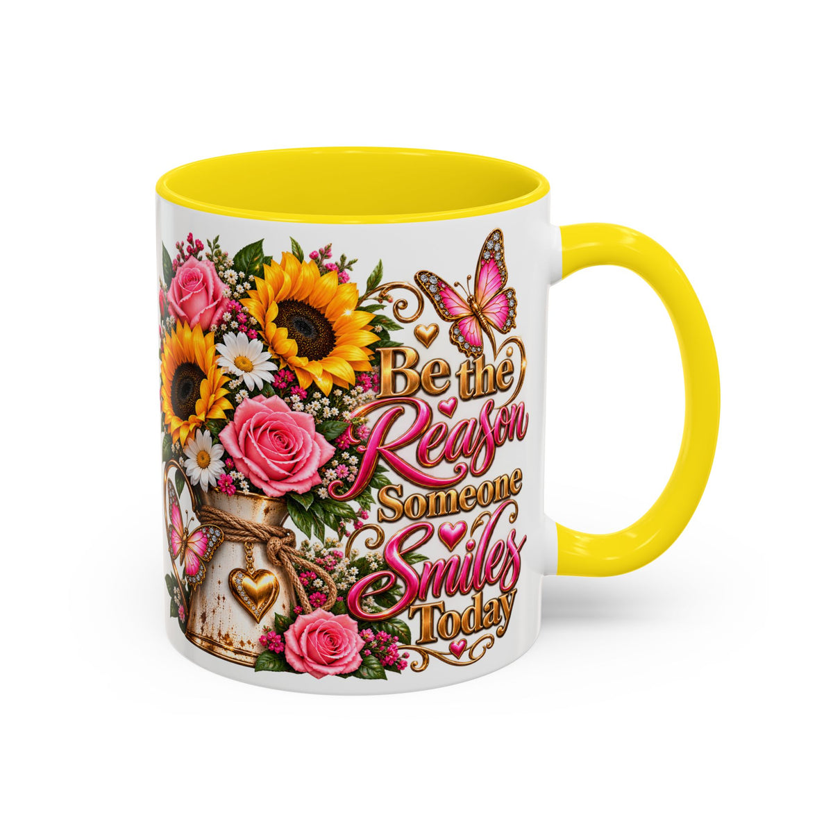 Be the Reason Someone Smiles Today Accent Coffee Mug – Floral Sunflower & Rose Inspirational 11/15oz