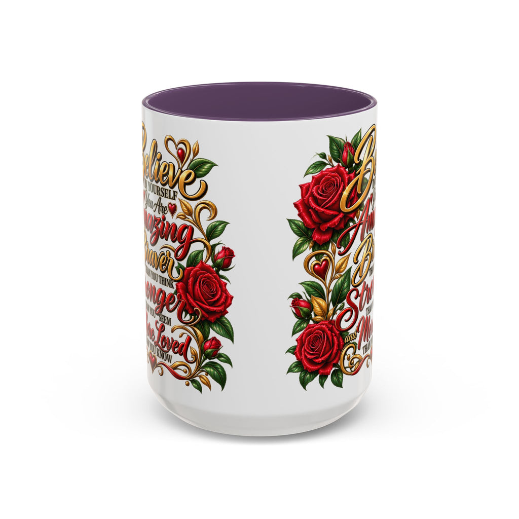 Inspirational Rose Coffee Mug — "Believe in Yourself" Motivational Tea Cup