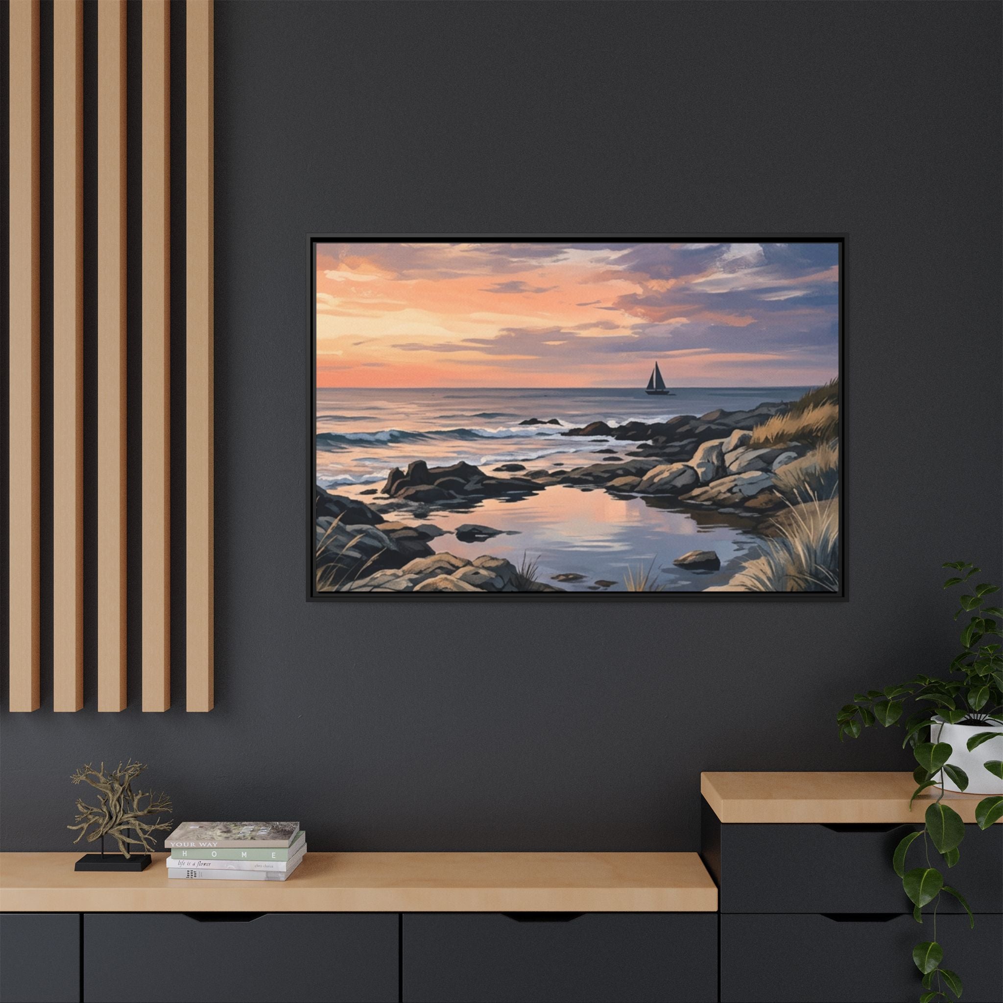 Framed Seaside Sunset Matte Canvas Print – Sailboat Coastal Wall Art