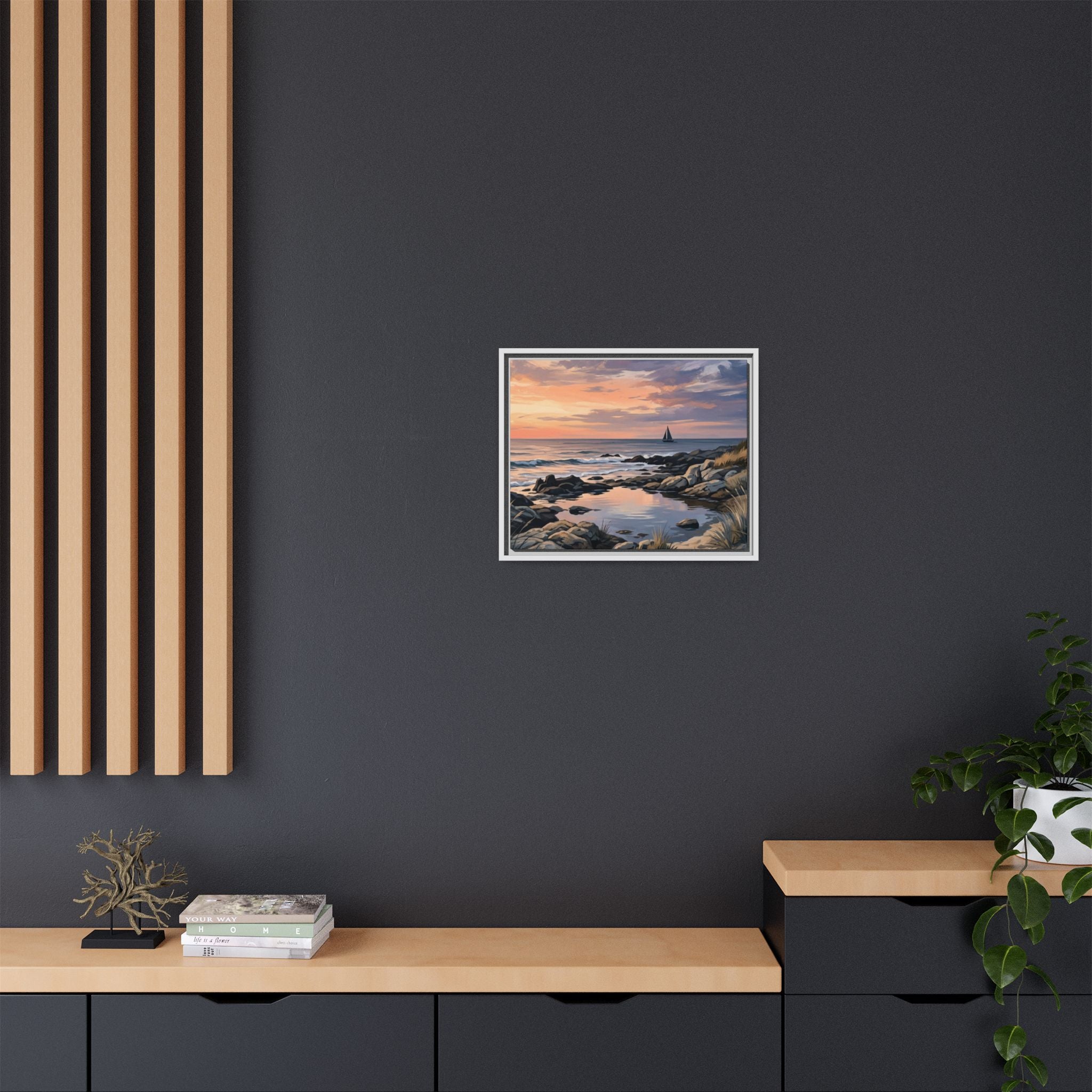 Framed Seaside Sunset Matte Canvas Print – Sailboat Coastal Wall Art