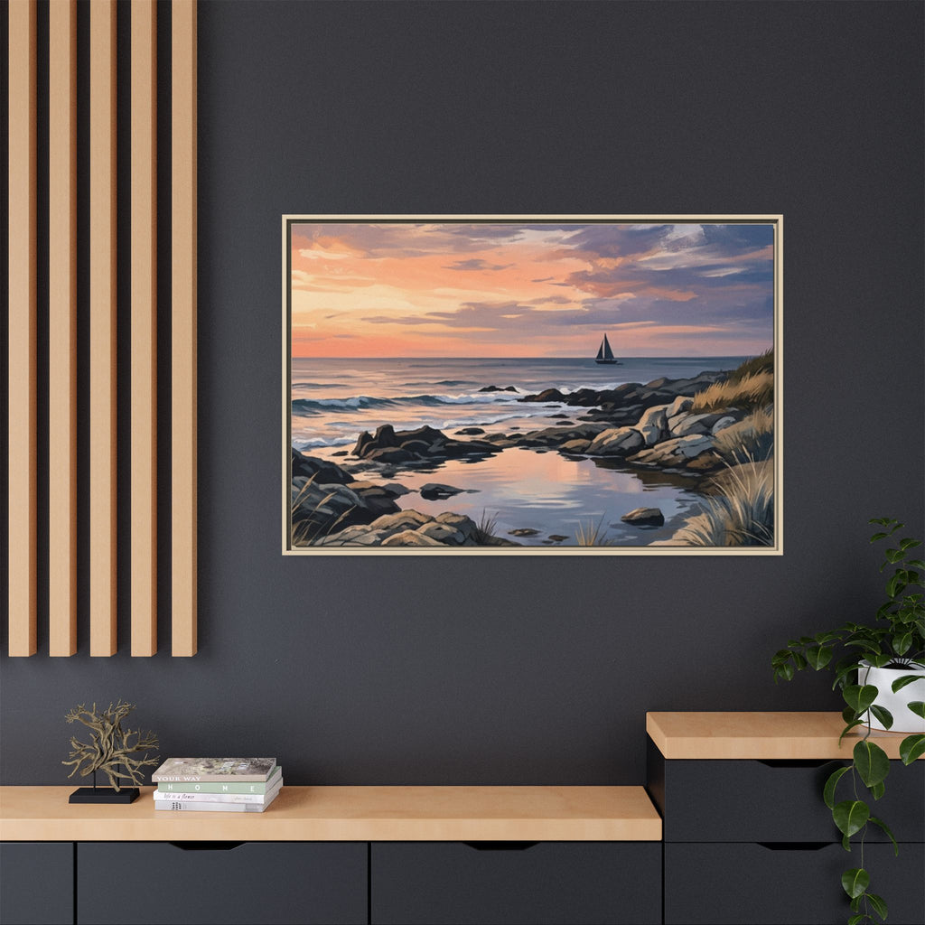 Framed Seaside Sunset Matte Canvas Print – Sailboat Coastal Wall Art