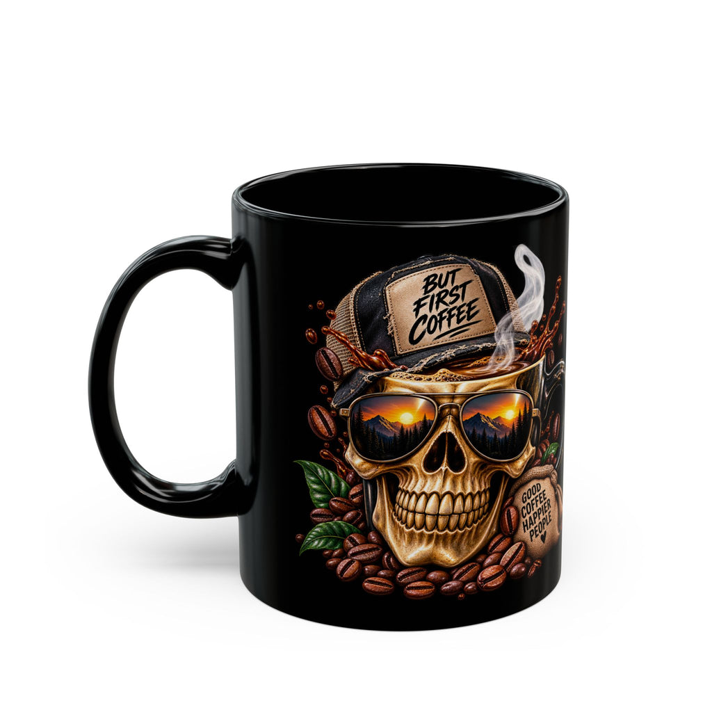 Skull Coffee Mug — "But First Coffee" Black Ceramic Mug (11oz/15oz)