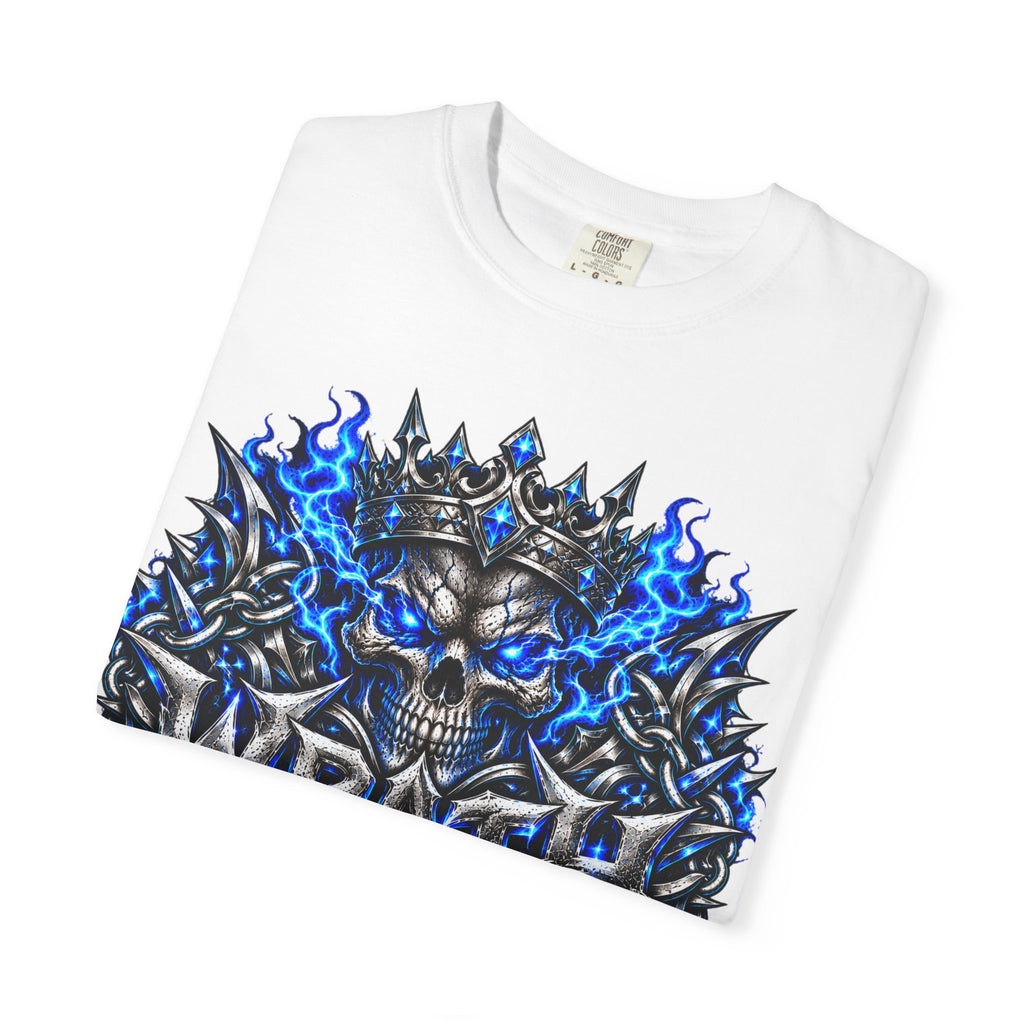 Wrath Skull Crown T‑Shirt — Blue Flame Gothic Graphic Tee