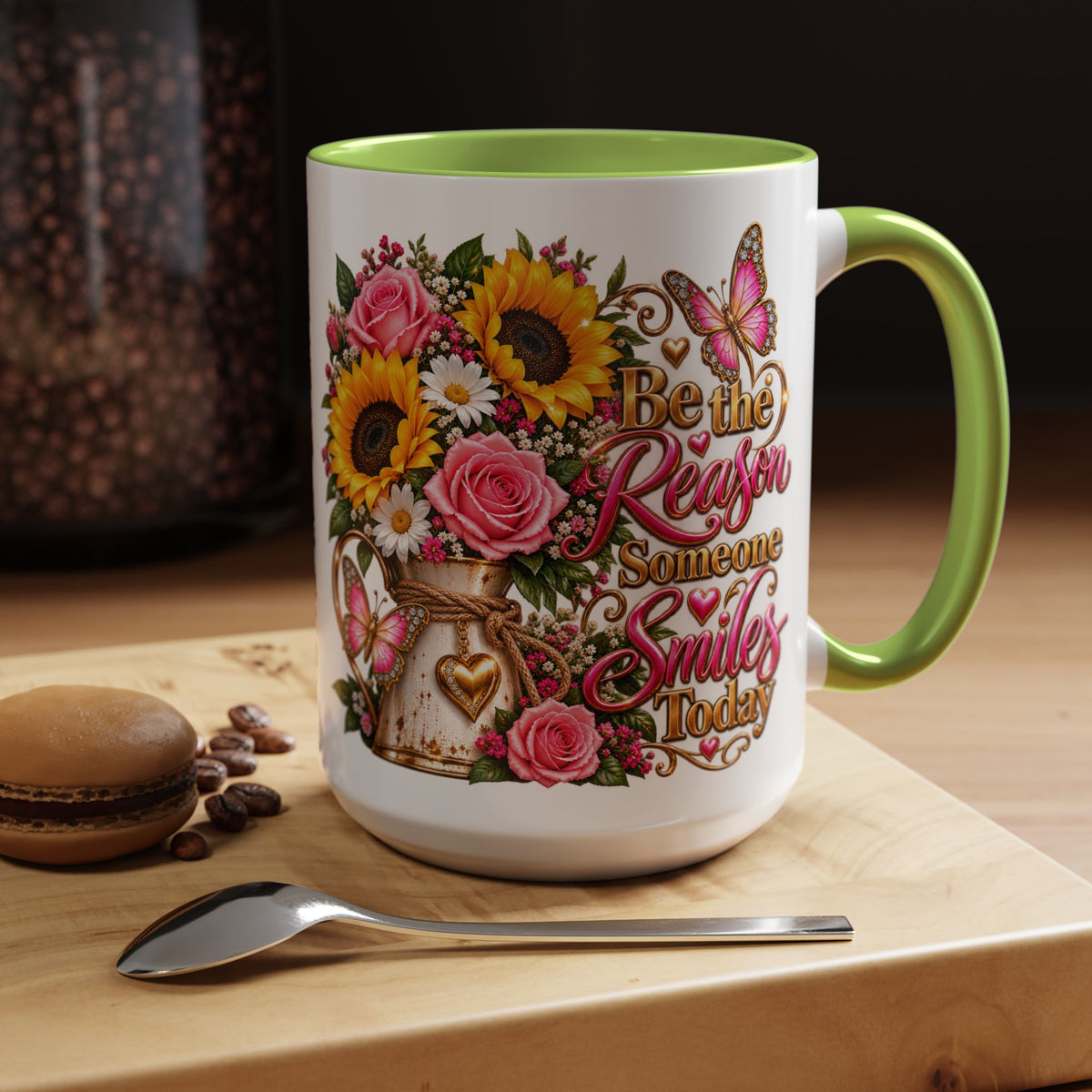 Be the Reason Someone Smiles Today Accent Coffee Mug – Floral Sunflower & Rose Inspirational 11/15oz