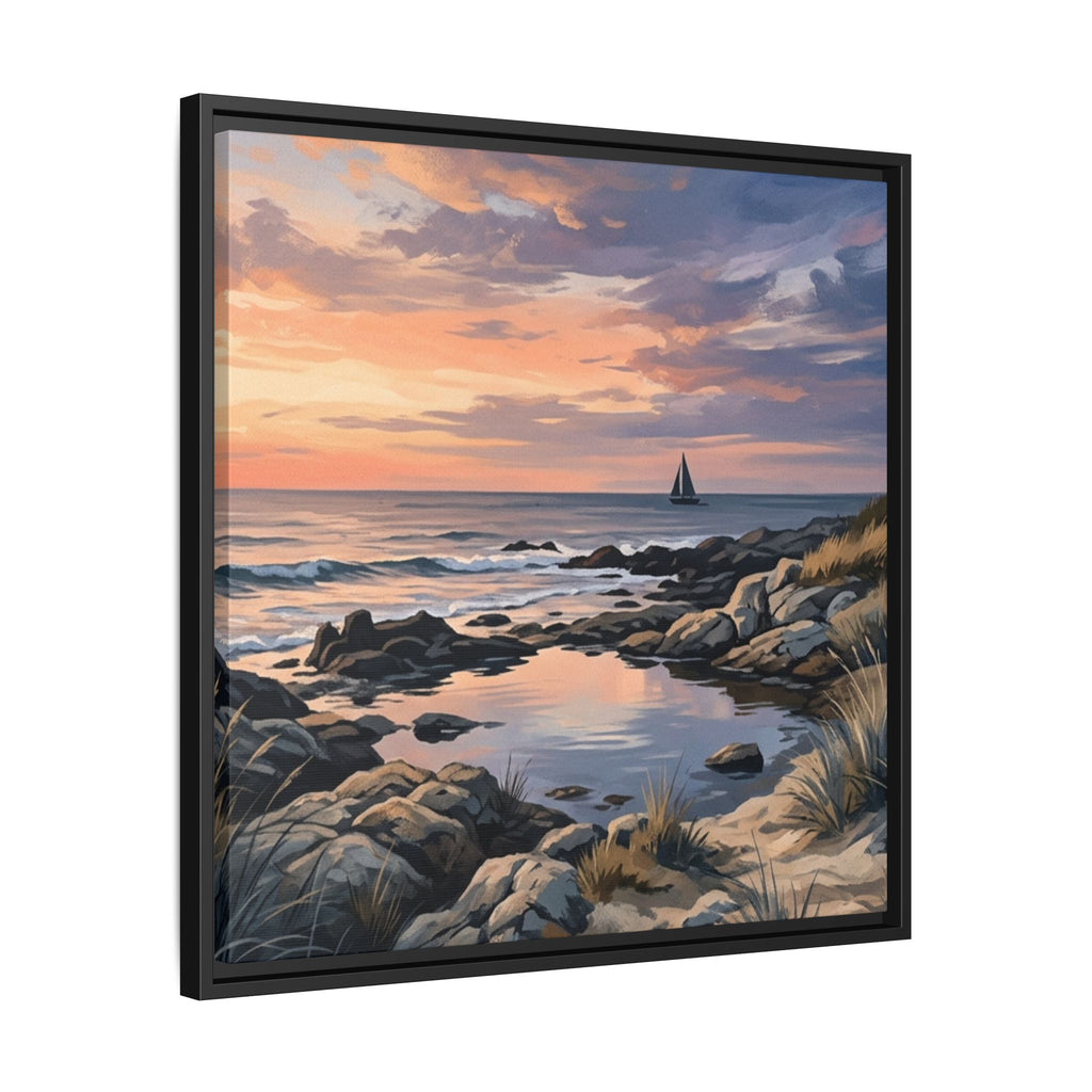 Framed Seaside Sunset Matte Canvas Print – Sailboat Coastal Wall Art
